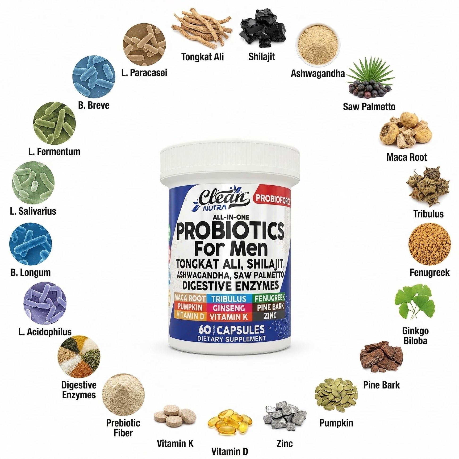 Clean Nutra Probiotics for Men | Tongkat Ali, Saw Palmetto, Tribulus, Ginseng, Ashwagandha, Maca, Pumpkin, Gingko Biloba, Pine Bark, Fenugreek, Shilajit, Zinc - Mens Probiotic 60 Capsules Clean Nutraceuticals uk supplements