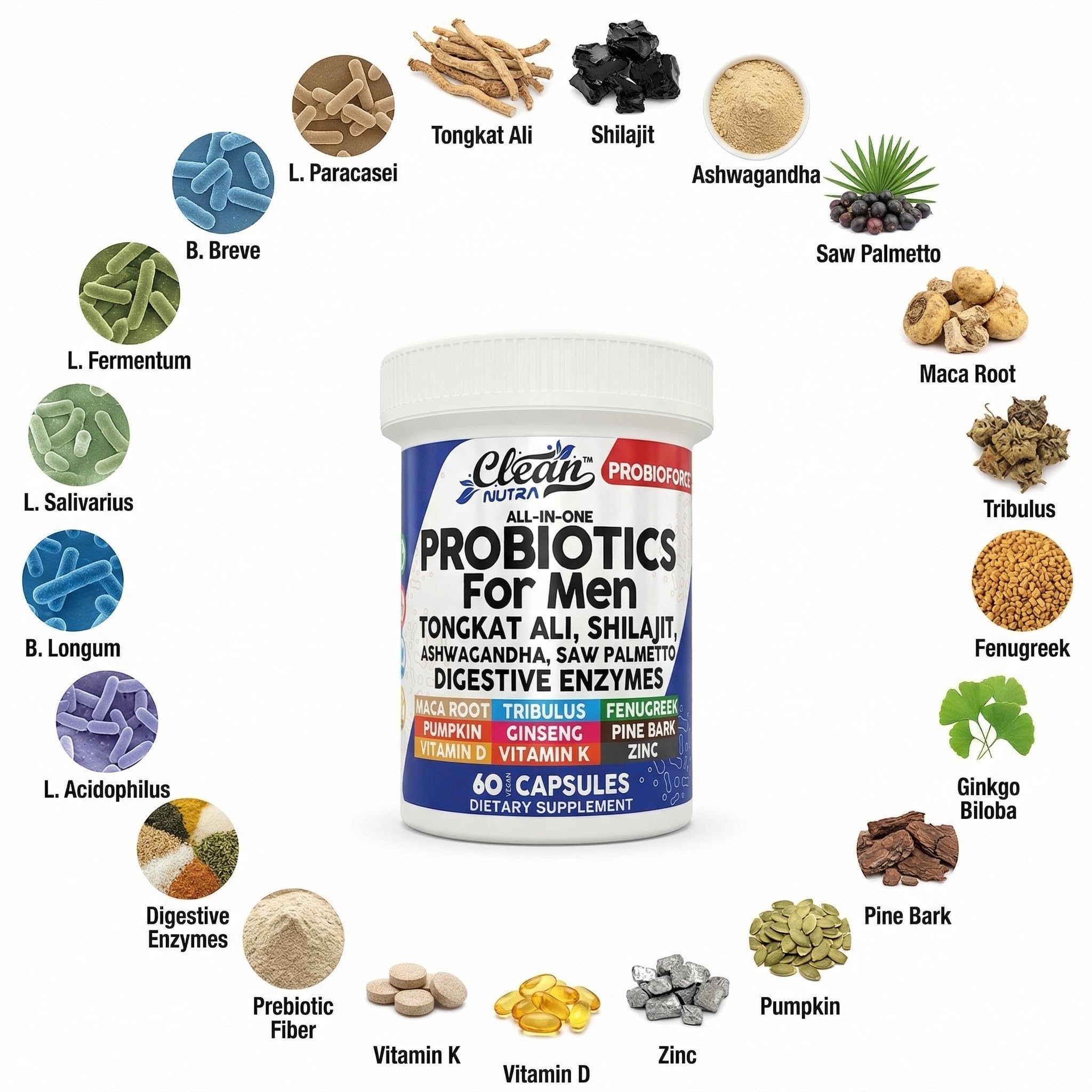 Clean Nutra Probiotics for Men | Tongkat Ali, Saw Palmetto, Tribulus, Ginseng, Ashwagandha, Maca, Pumpkin, Gingko Biloba, Pine Bark, Fenugreek, Shilajit, Zinc - Mens Probiotic 60 Capsules Clean Nutraceuticals uk supplements