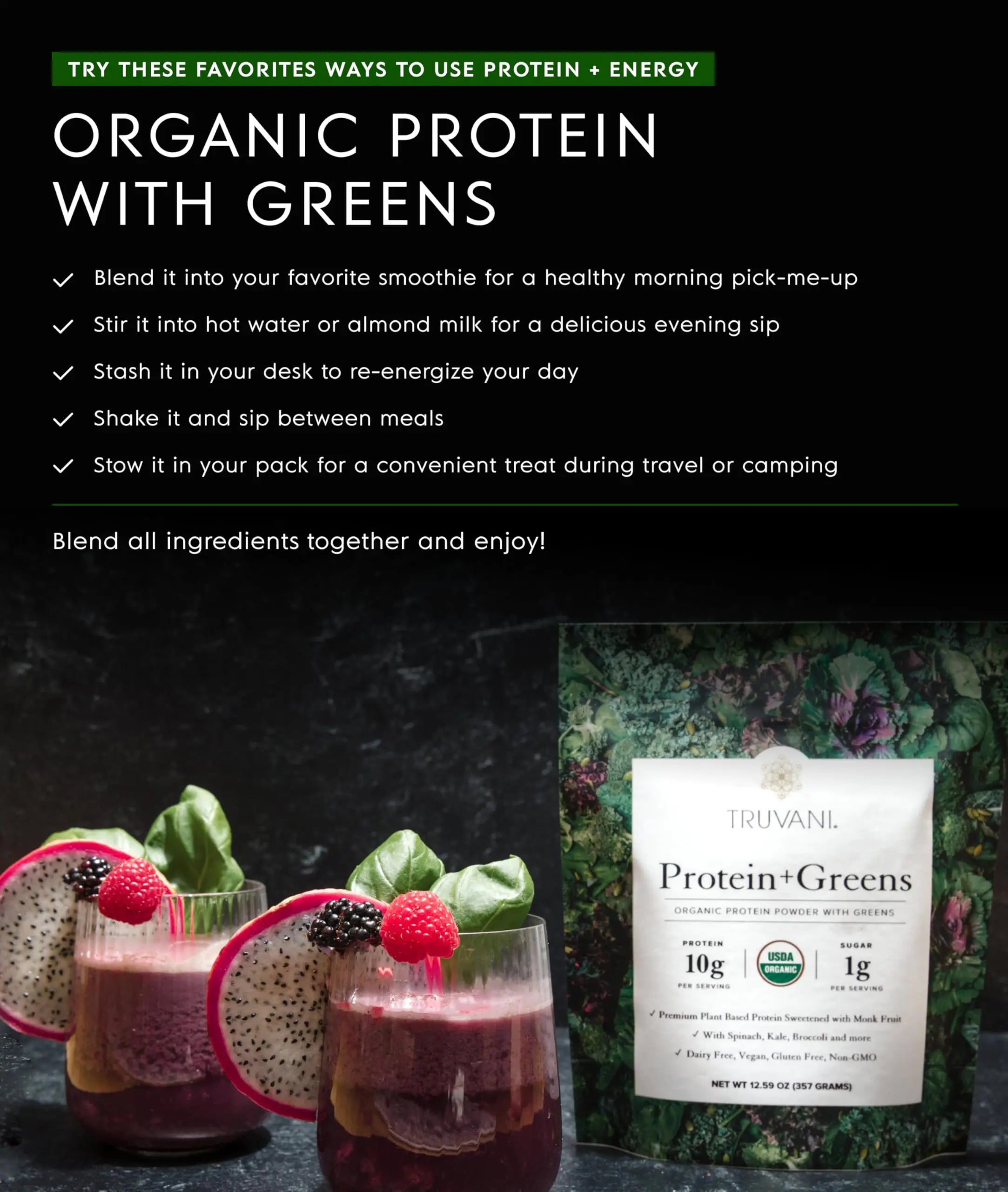 Truvani Protein + Greens Supplement | Spinach, Kale & Broccoli | 10g Organic Plant Based Protein | 20 Servings | USDA Organic | Gluten & Dairy Free Truvani uk supplements