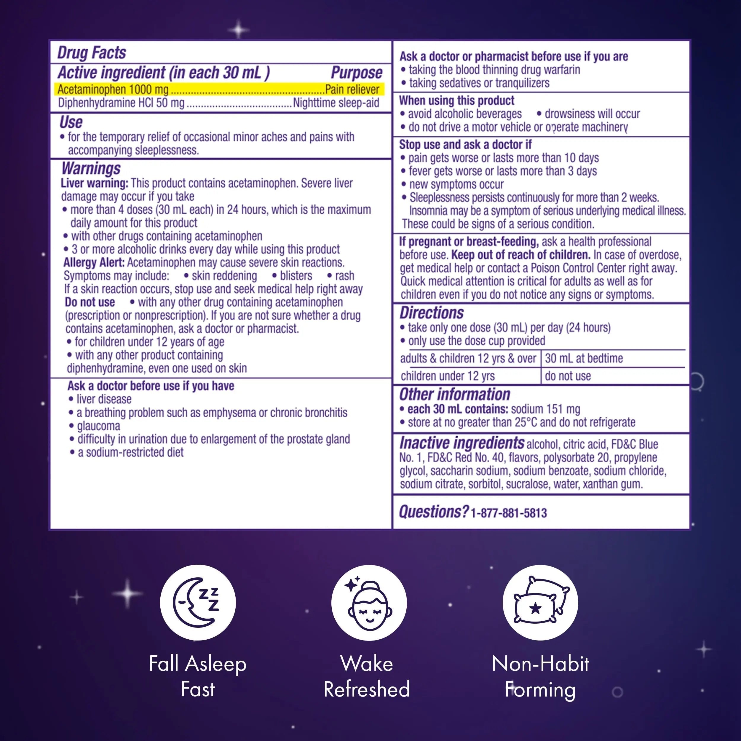 ZzzQuil Liquid, Max Strength Pain Reliever, Nighttime Sleep Aid Liquid, Acetaminophen 1000mg, Diphenhydramine 50mg HCI, Non-Habit Forming, Midnight Berry Flavored, 2 Pack, 24 FL OZ ZzzQuil uk supplements