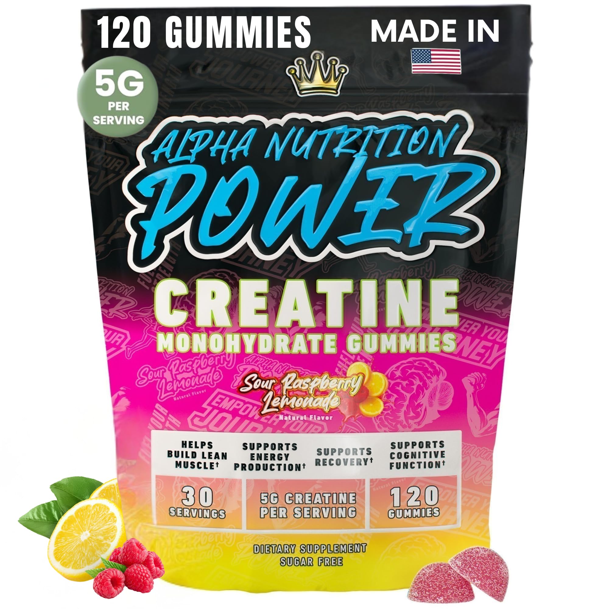 Creatine Monohydrate Gummies 5g - Raspberry Lemonade Flavored Creatine for Women and Men - Supplement for Muscle Gain, Strength, Energy, Cognitive Health, Pre and Post Workout, Recovery, (120 Gummies) Alpha Nutrition Power uk supplements