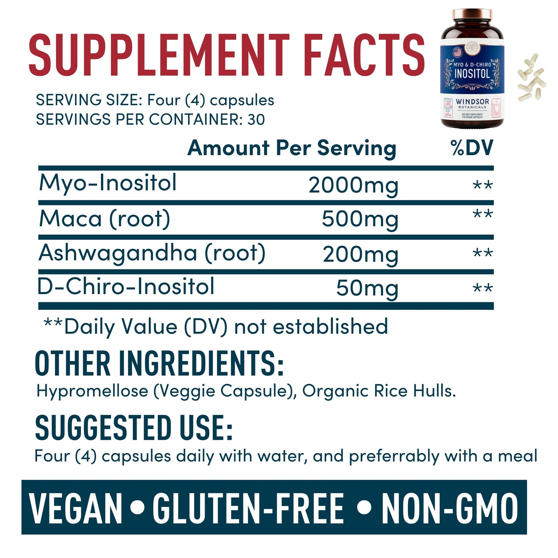 Myo-Inositol & D-Chiro Inositol 40:1 Ratio 2,000 mg - PCOS Supplements with Maca Root & Ashwagandha - Ovarian Health Support Vitamins - Hormone & Fertility Supplements for Women - 120 Vegan Caps WINDSOR BOTANICALS uk supplements