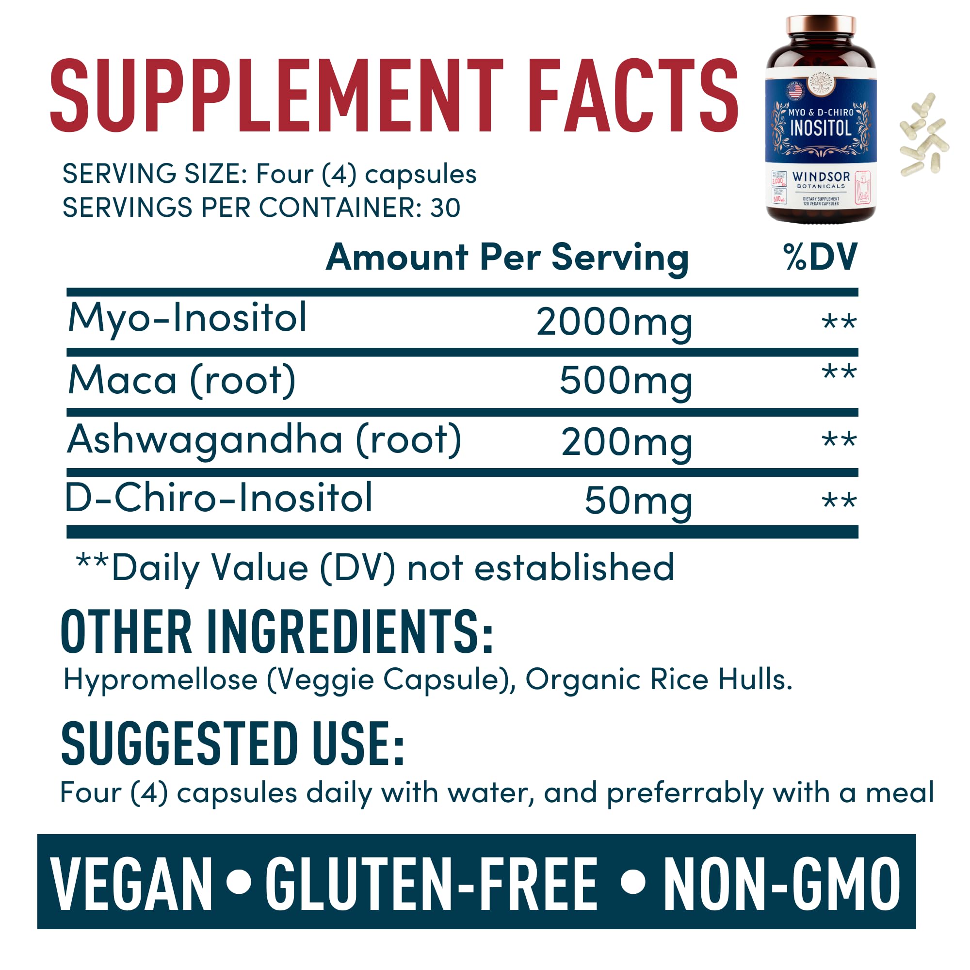 Myo-Inositol & D-Chiro Inositol 40:1 Ratio 2,000 mg - PCOS Supplements with Maca Root & Ashwagandha - Ovarian Health Support Vitamins - Hormone & Fertility Supplements for Women - 120 Vegan Caps WINDSOR BOTANICALS uk supplements