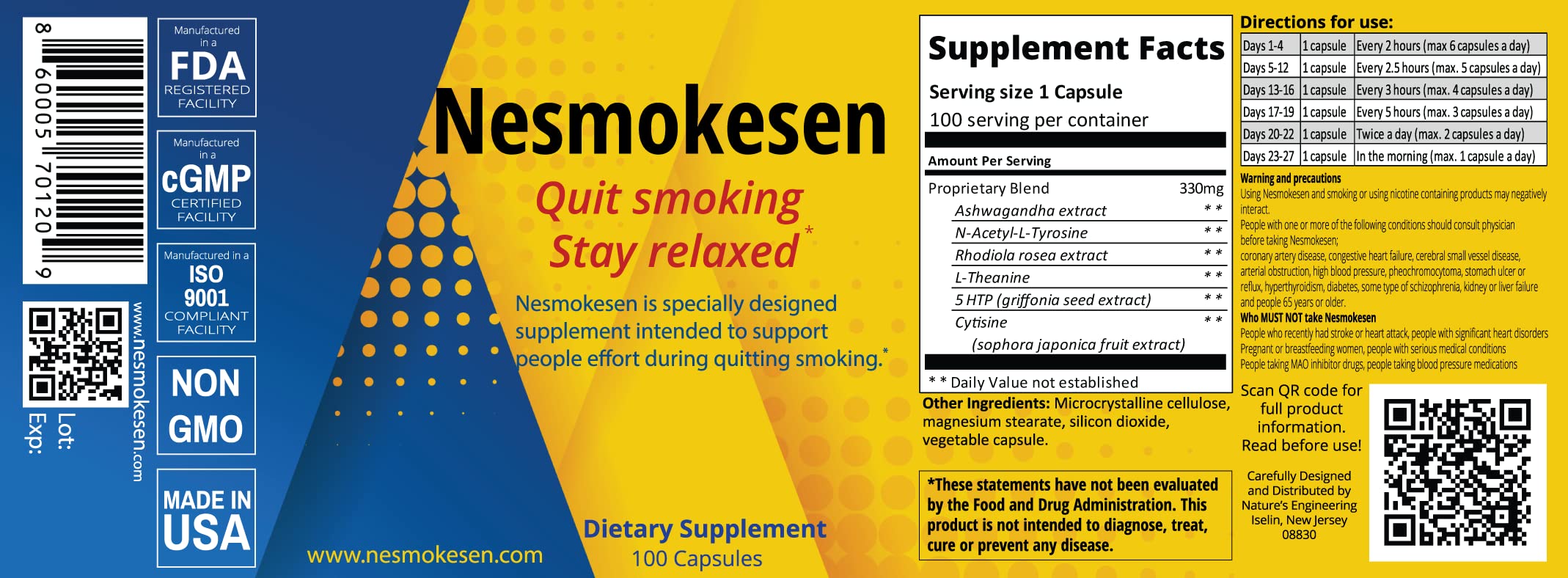 Nesmokesen - Quit Smoking Stay Relaxed, (100 Capsules / 27 Days Supply) Nature's Engineering uk supplements