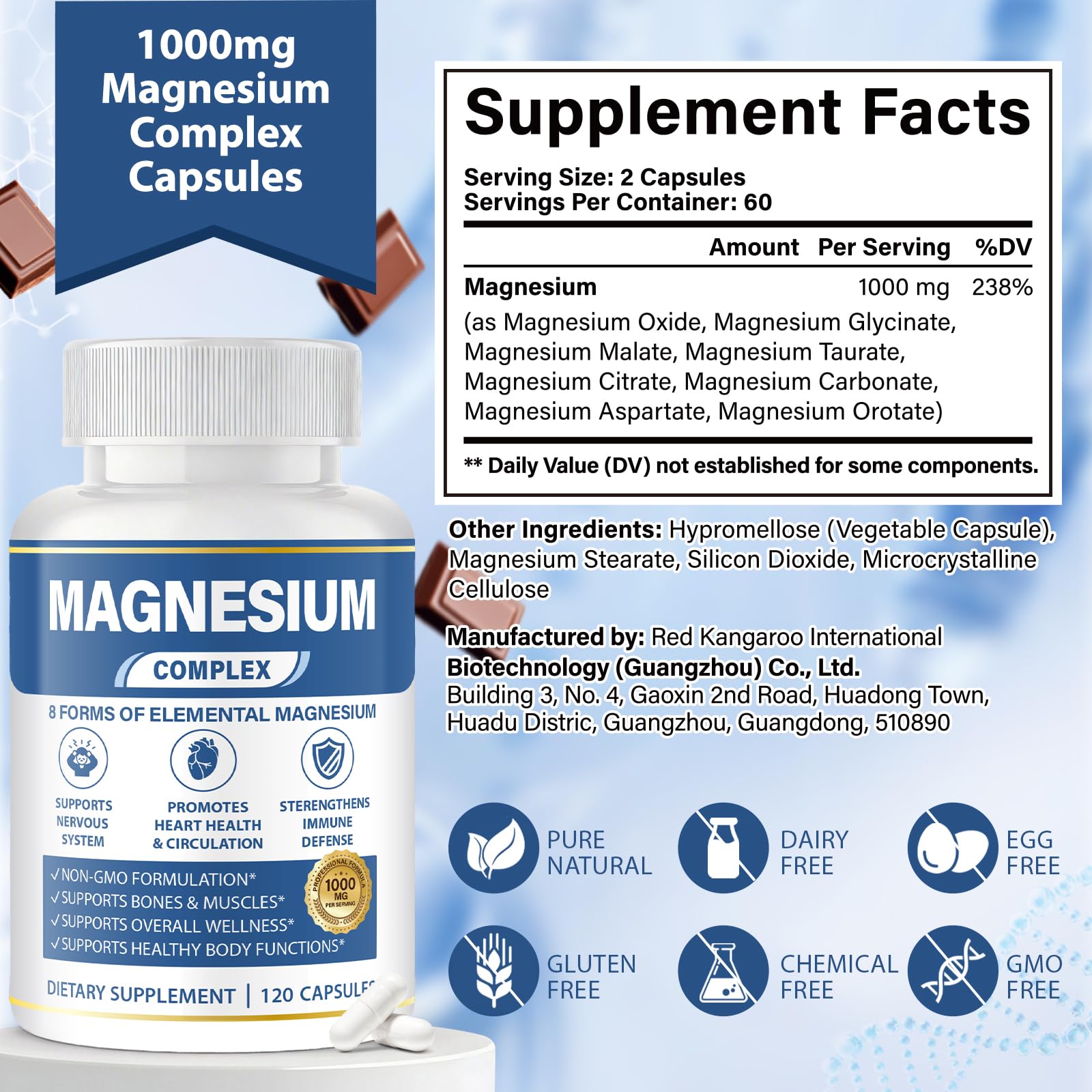 1000mg Magnesium Complex 8 in 1 for Women & Men – Magnesium Glycinate, Citrate, Malate, Taurate, Oxide, Carbonate, Aspartate, Orotate – Vegan Non-GMO, for Sleep, Fatigue & Heart Health, 120 Capsules BOSNETHUINH uk supplements