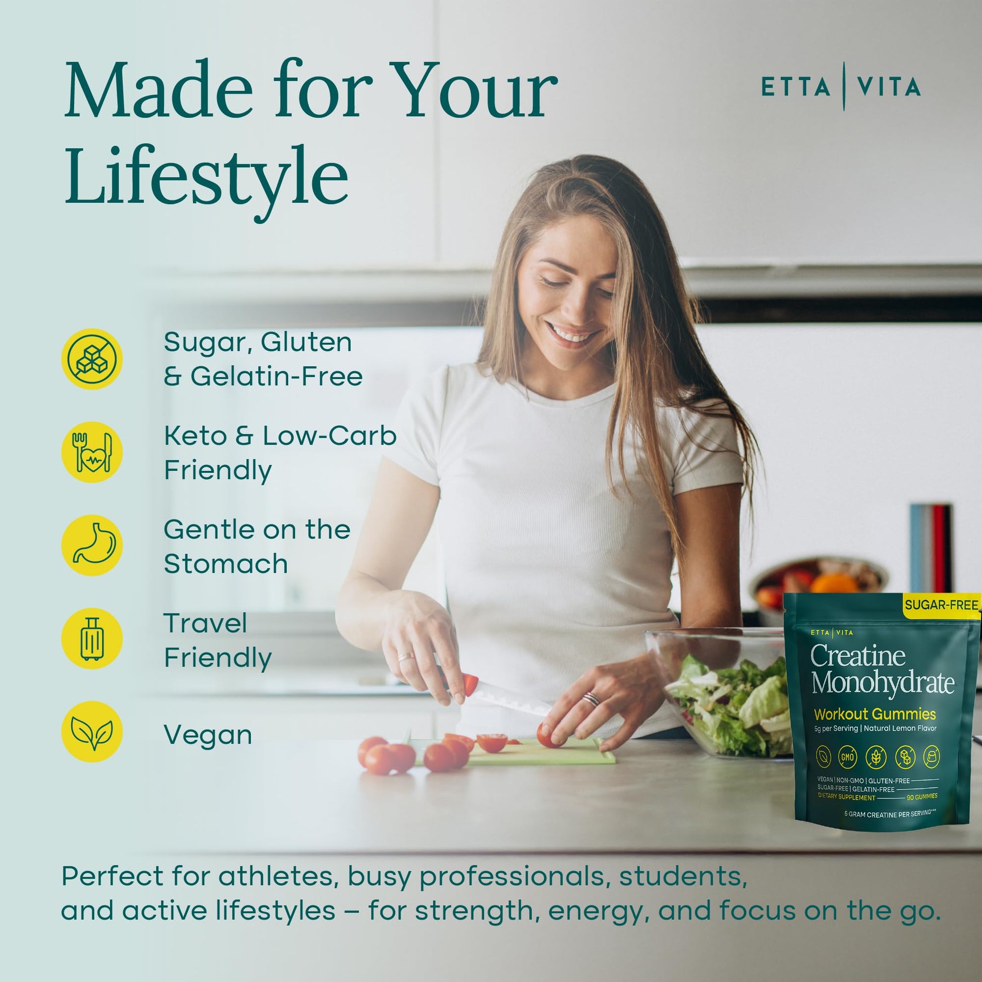 Sugar-Free Creatine Monohydrate Gummies 5gram per Serving, Potent Creatine Gummies for Women & Men, Supplement for Muscle Support, Cellular Energy & Cognitive Function [Lemon Drops Candy Flavor] Etta Vita uk supplements
