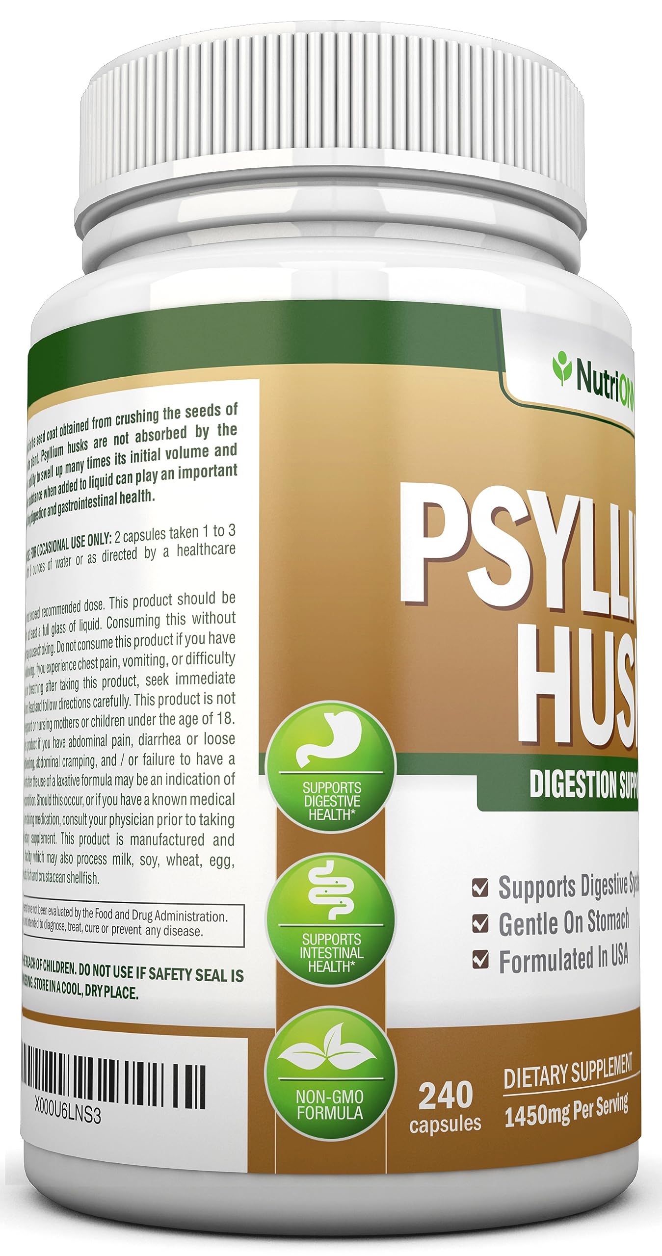NutriONN PSYLLIUM Husk Capsules - 1450mg Per Serving - 240 Capsules - Double Strength NutriONN uk supplements