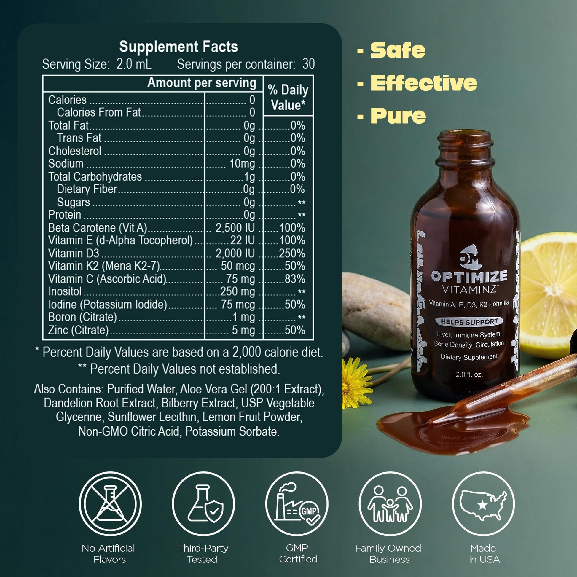 Optimize Vitaminz Liquid Vitamin D3 K2 Drops with Dandelion Root & Bilberry | Immune, Liver & Bone Support, MK-7 Formula, Fast Absorption Liquid Multivitamin, 30 Day Supply, 2 Fl Oz Optimize Minerals uk supplements