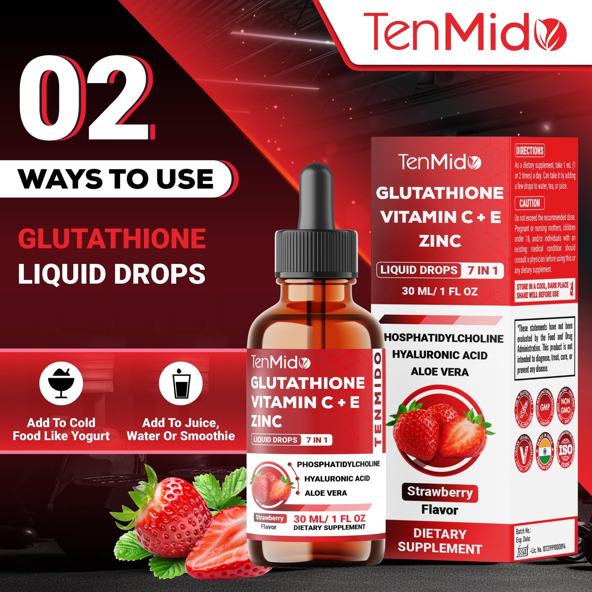 Tenmido Liposomal Glutathione Supplement - 7in1 Liquid Drops with Zinc, Vitamin C, Vitamin E, Phosphatidylcholine, Hyaluronic Acid, and Aloe Vera - Vegan, Non-GMO - 30ml 1 Fl Oz Tenmido uk supplements