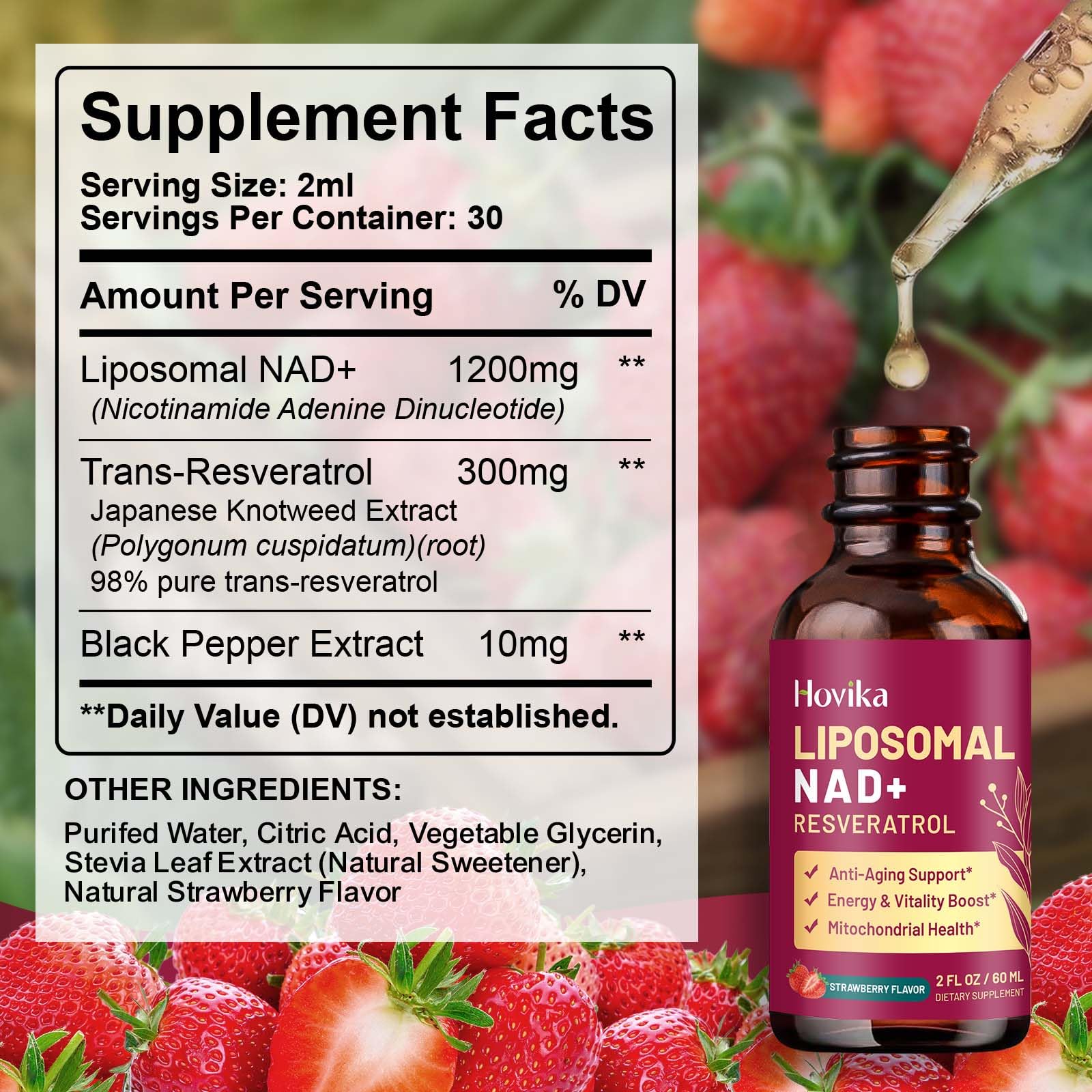 Liposomal NAD Supplement - 1200mg NAD+ Liquid Drops for Women & Men with Resveratrol, Black Pepper Extract - Support Anti-Aging, Brain & Cellular Mitochondrial Health - 2 Fl Oz, Strawberry Flavor Hovika uk supplements