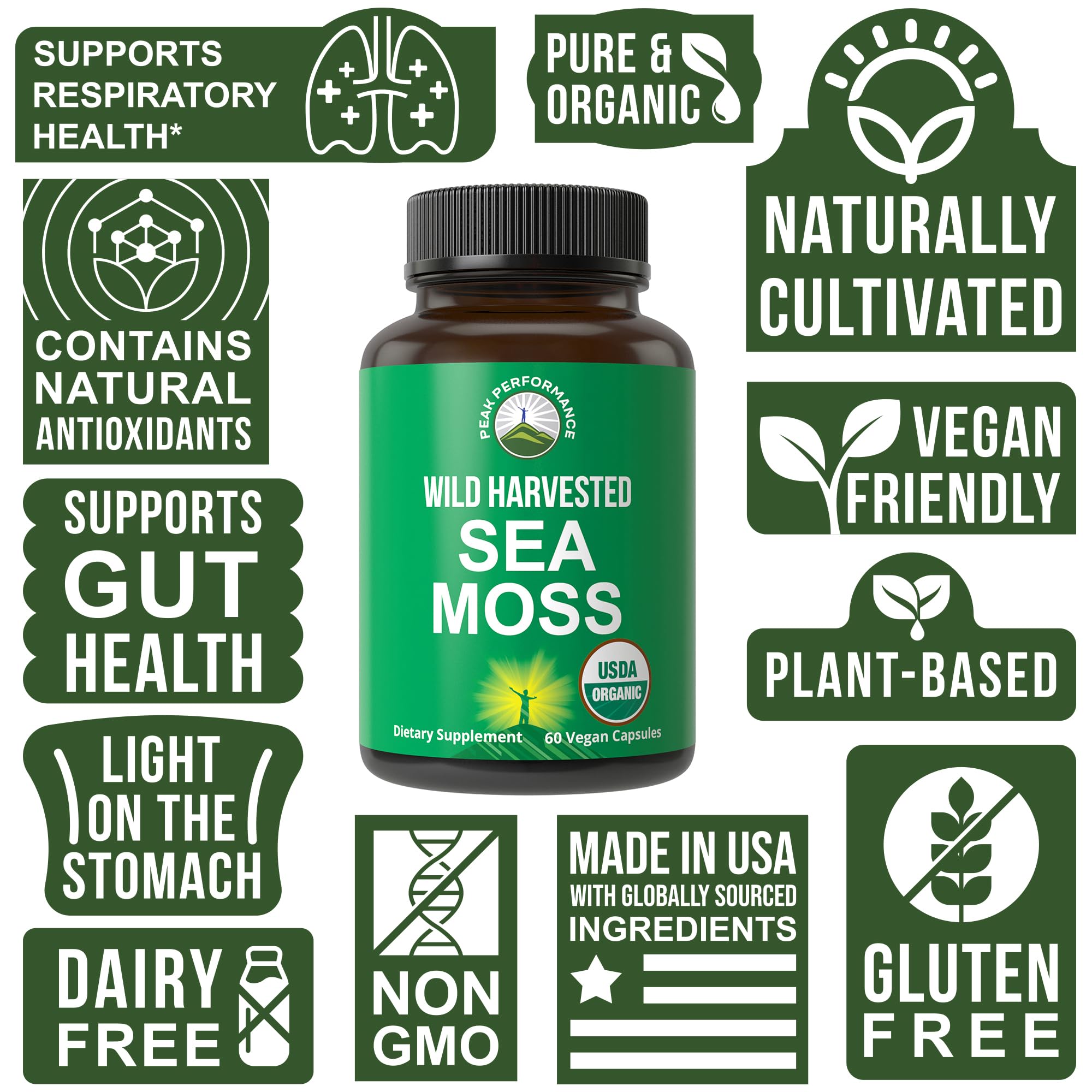 Organic Sea Moss Capsules. Wild Harvested Sea Moss Raw Organic Vegan Supplement from Red Algae Seaweed. 100% Whole Extract Raw Irish SeaMoss Superfood Pills. for Gut, Respiratory, Immune Support. Peak Performance uk supplements