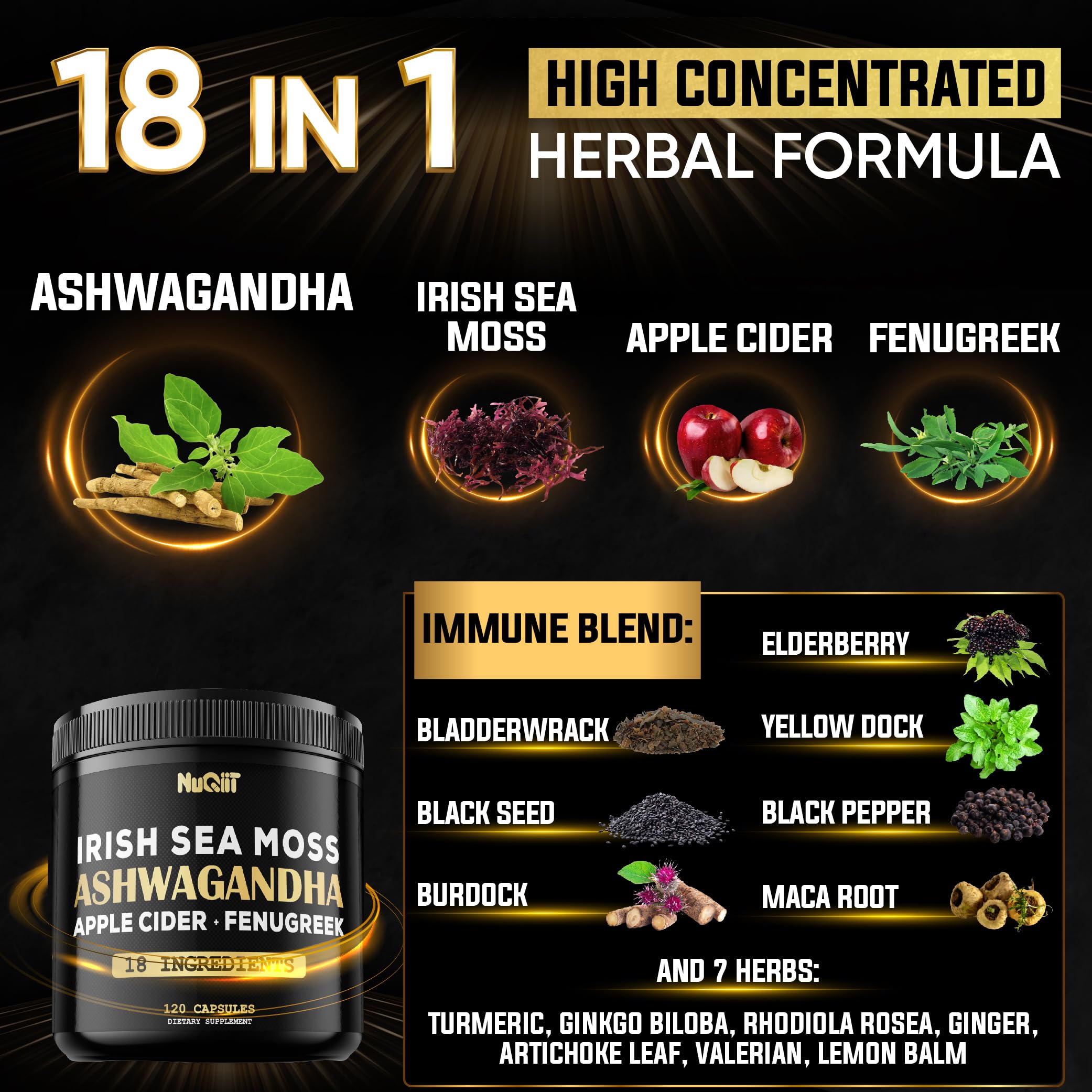 NUQIIT Organic Ashwangdha Capsules 15000mg Irish Sea Moss Apple Cider Vinegar & More - Support Brain Health, Strength & Immune System - 120 Vegan Capsules NUQIIT uk supplements