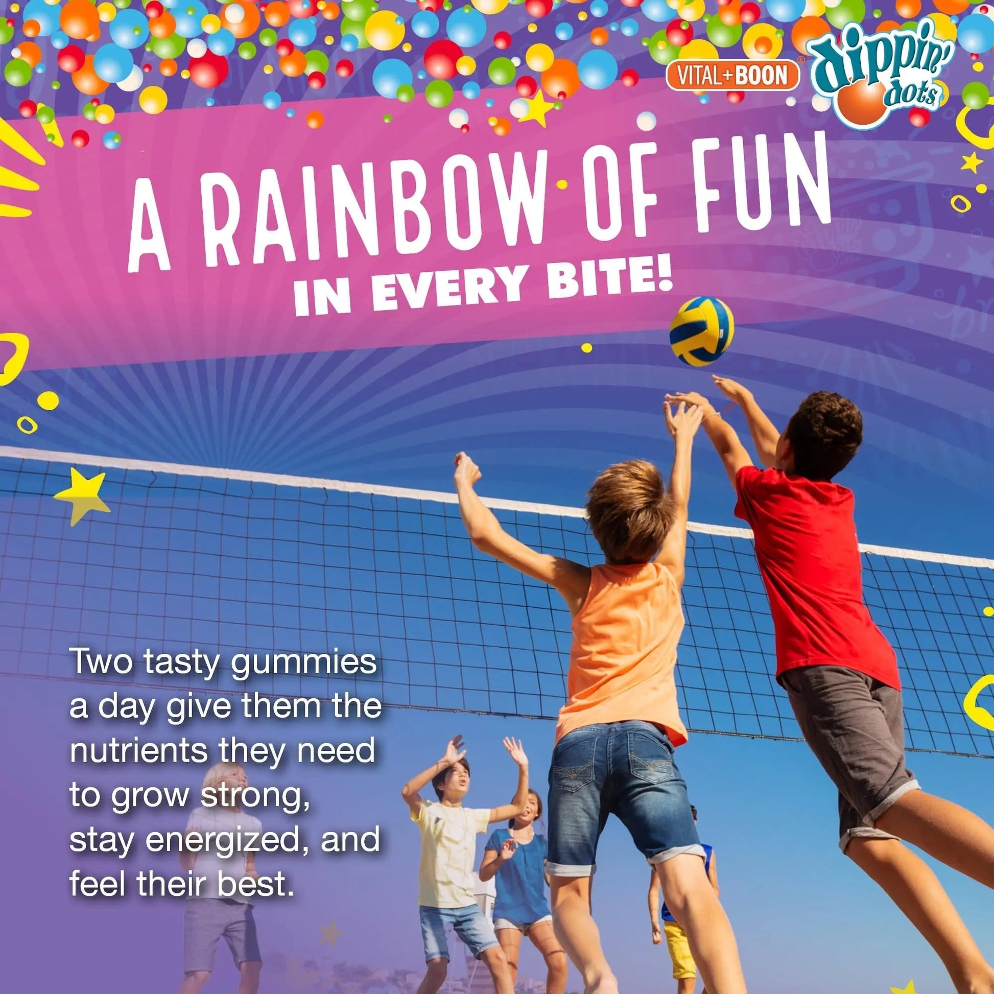 Dippin' Dots - Multivitamin Gummies for Kids Rainbow Fruit Flavor Complete Multivitamin Chewy Gummies Vitamin A, B, C, D3, E, B6, Zinc - 60 Count Vital+Boon uk supplements