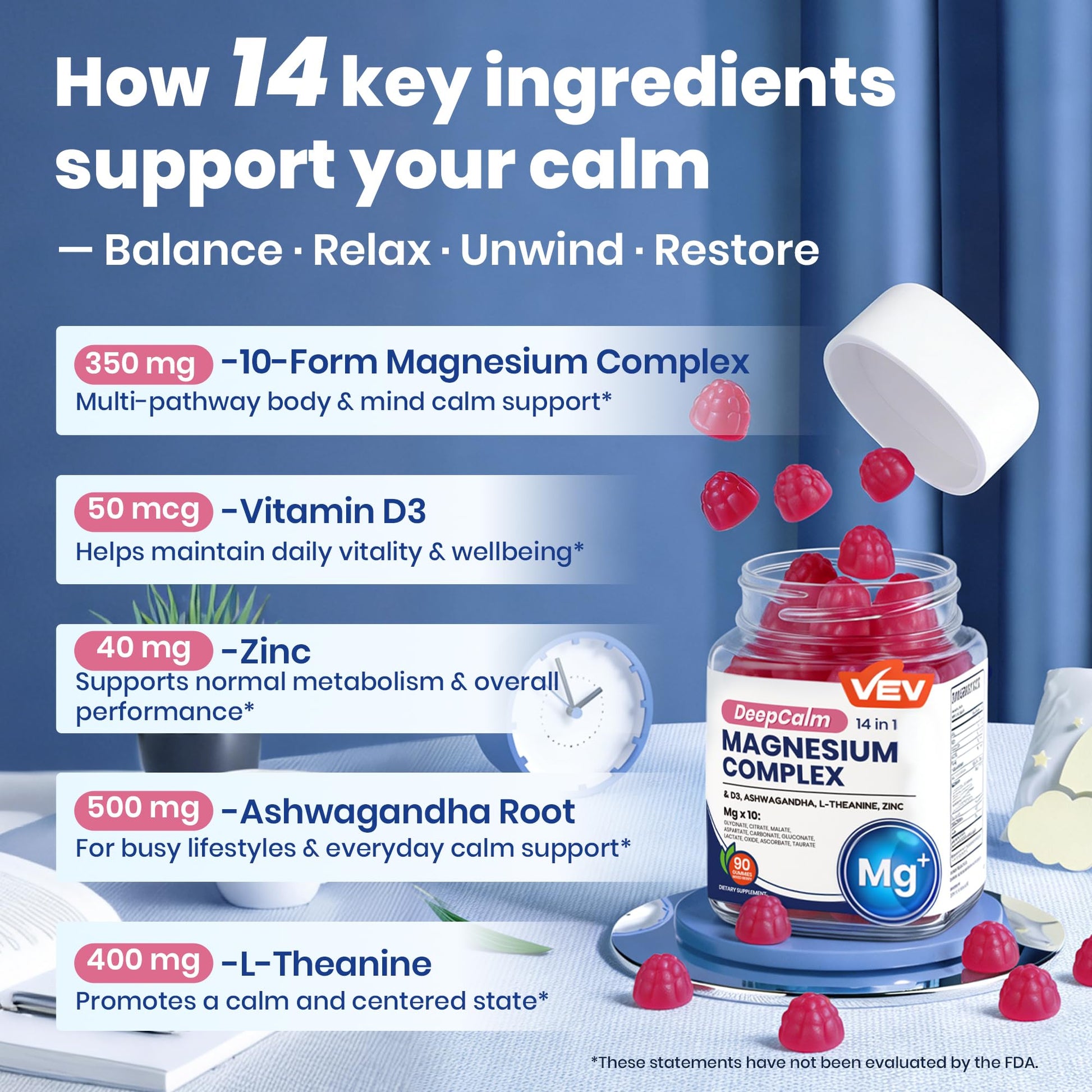 VEV Deep Calm Magnesium Complex 14-in-1 Gummies with Ashwagandha, L-Theanine, Vitamin D3 & Zinc for Women and Men, Vegan Magnesium Glycinate Gummies, 90 Gummies, Pack of 1 VEV uk supplements