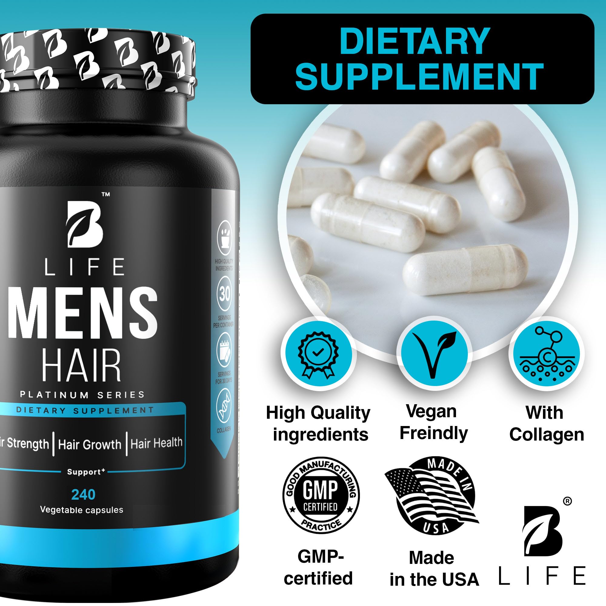Men’s Hair Growth Supplement – Biotin & Collagen Hair Vitamins for Men – Thicker, Fuller Hair, Nail & Scalp Support – Hair Loss Supplement with Zinc, Selenium & Vitamins A C D E – 240 Capsules B Life Company uk supplements