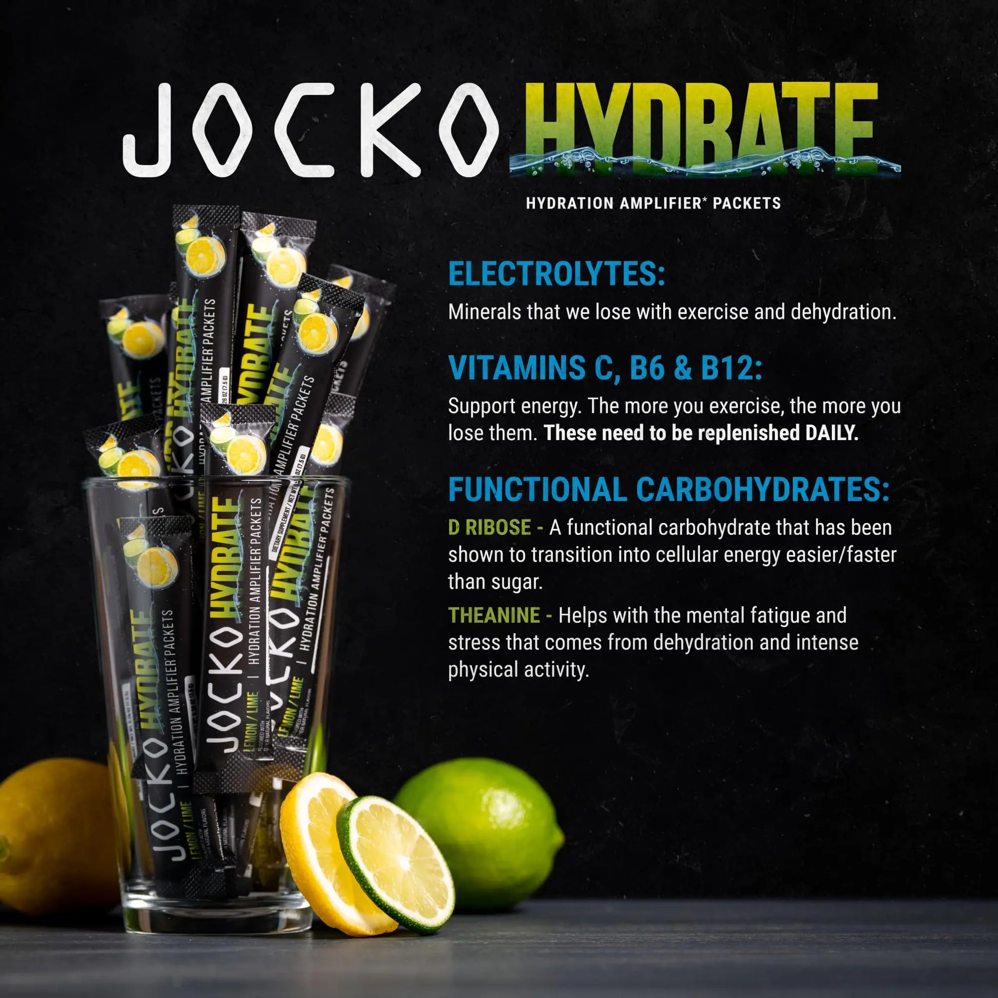 Jocko Fuel Packets Low Sugar - Hydration Amplifier Packets for Recovery, Dehydration, & Exercise - with Vitamins B6, B12 & C (16 Packets) Lemon Lime Jocko Fuel uk supplements