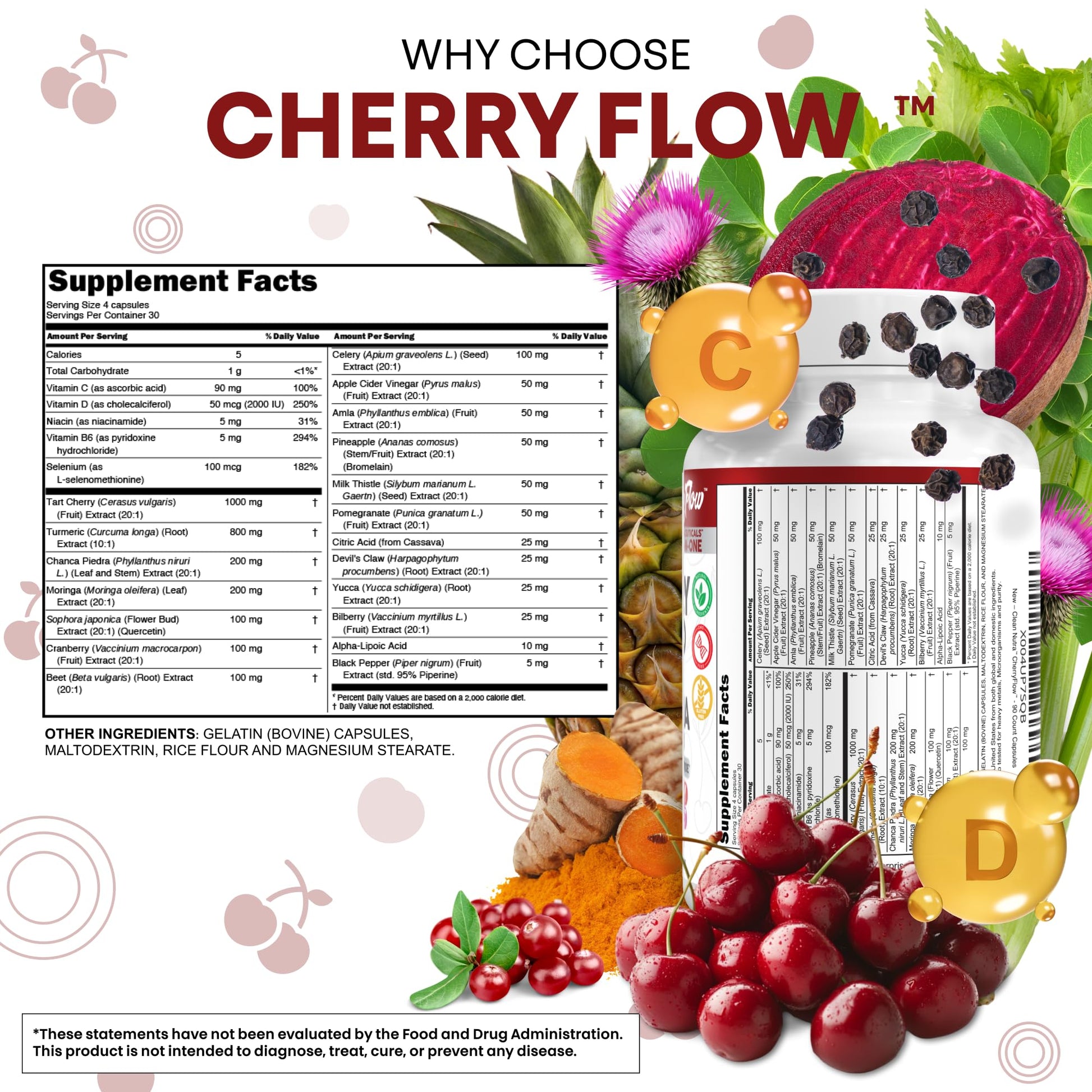 Cherry Flow Tart Cherry Capsules Uric Acid Support Celery Seed Turmeric Chanca Piedra Vitamin D Vitamin B6 Niacin Milk Thistle Moringa Extract Pomegranate Beets 90 Count By Clean Nutra Clean Nutraceuticals uk supplements