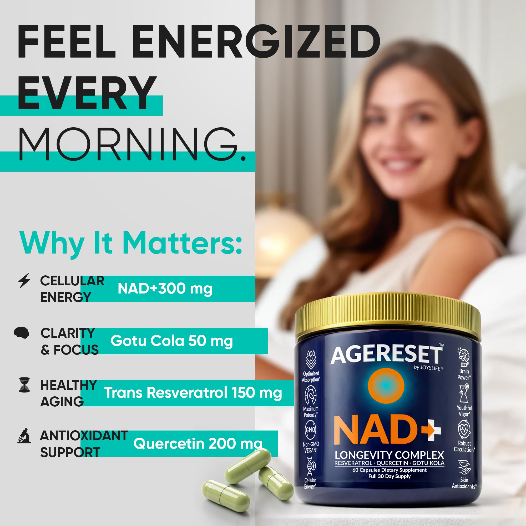 JoysLife AGERESET NAD Supplement NMN Alternative Liposomal + Gotu Kola for Women & Men w/Resveratrol, Quercetin, Gotu Kola JoysLife uk supplements