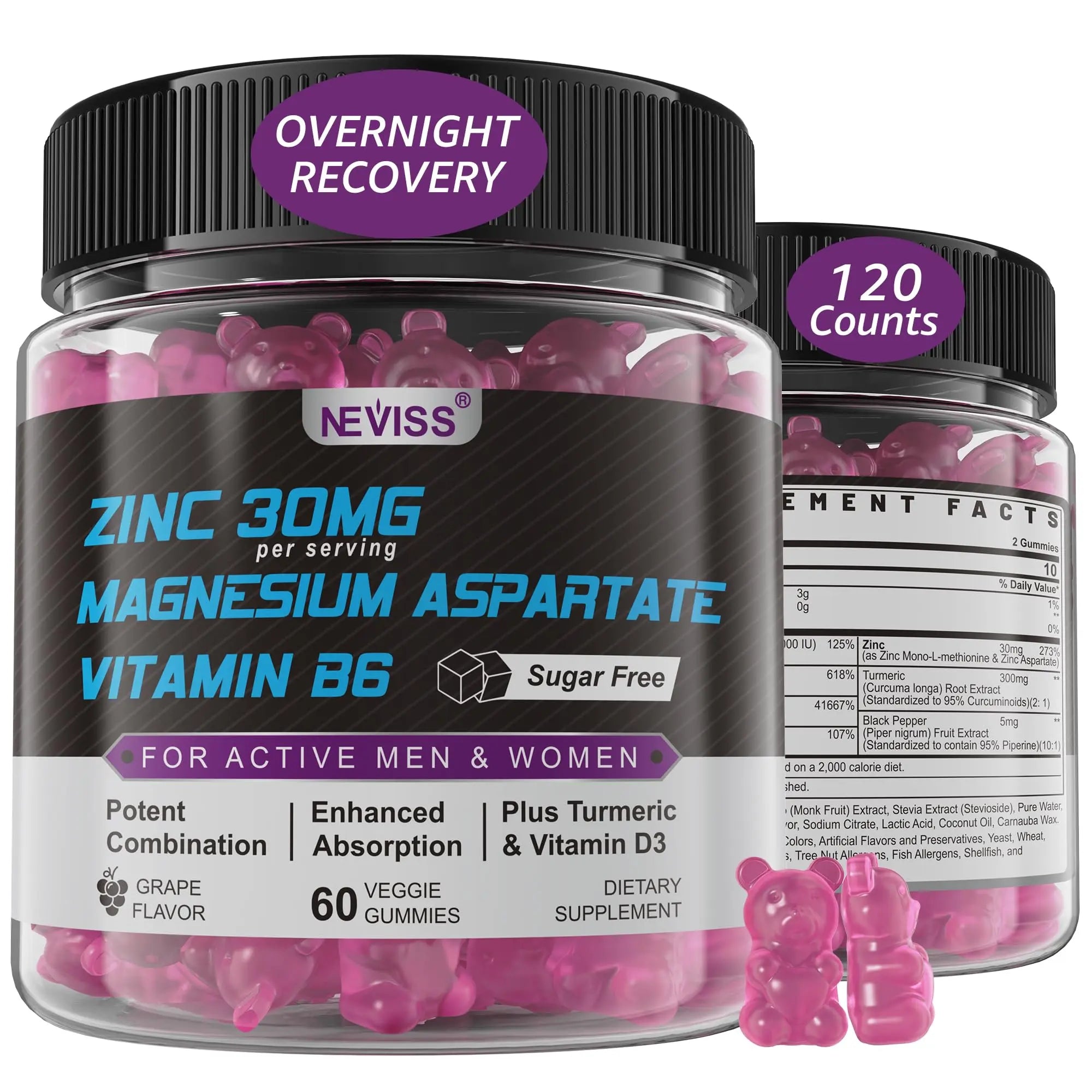 Zinc and Magnesium Supplement, Zinc Magnesium Aspartate Post Workout Gummies for Men Women, with Vitamin B6, B12, D3, Turmeric for Nighttime Recovery, Reduce Fatigue NEVISS uk supplements