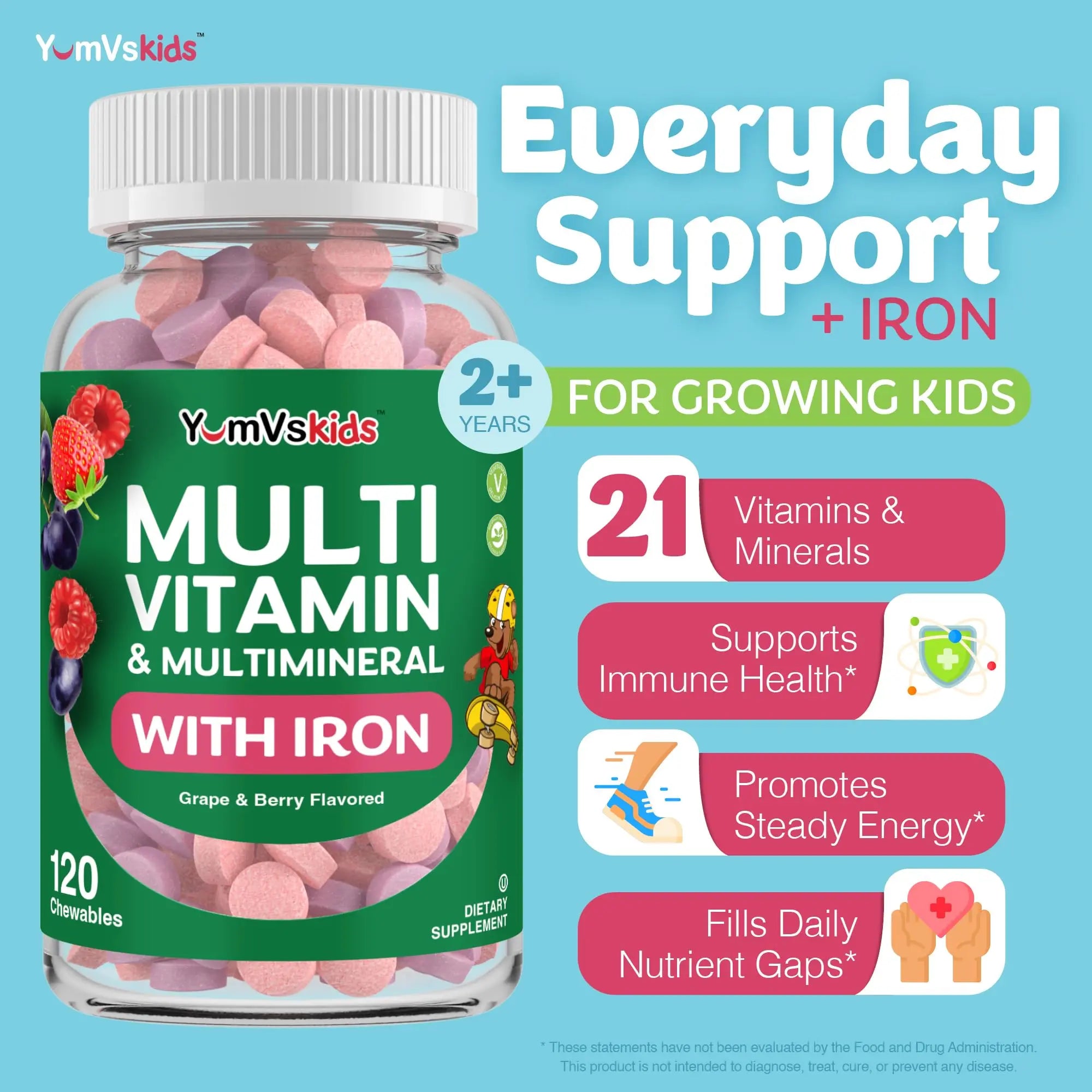 YumVs Kids Multivitamin with Iron & Minerals Chewable Tablets – Grape & Berry Flavor Vitamins for Toddlers & Children Age 2+ – Daily Multivitamin YUM-V'S uk supplements