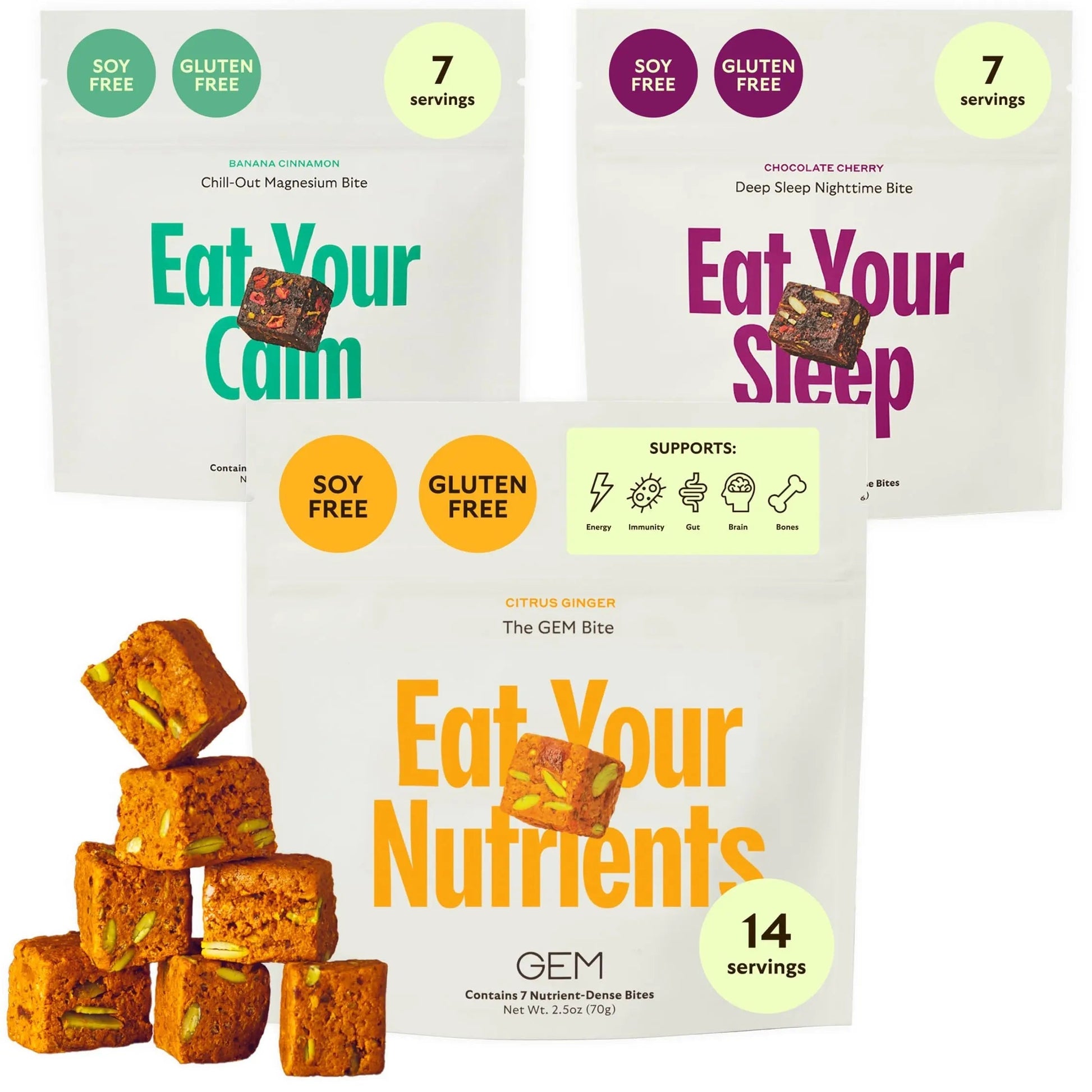 GEM Bite Complete Routine Variety Pack with Daily Multivitamin (14 Bites), Chill-Out Calm (7 Chews) & Deep Sleep Aid (7 Chews) | GEM uk supplements