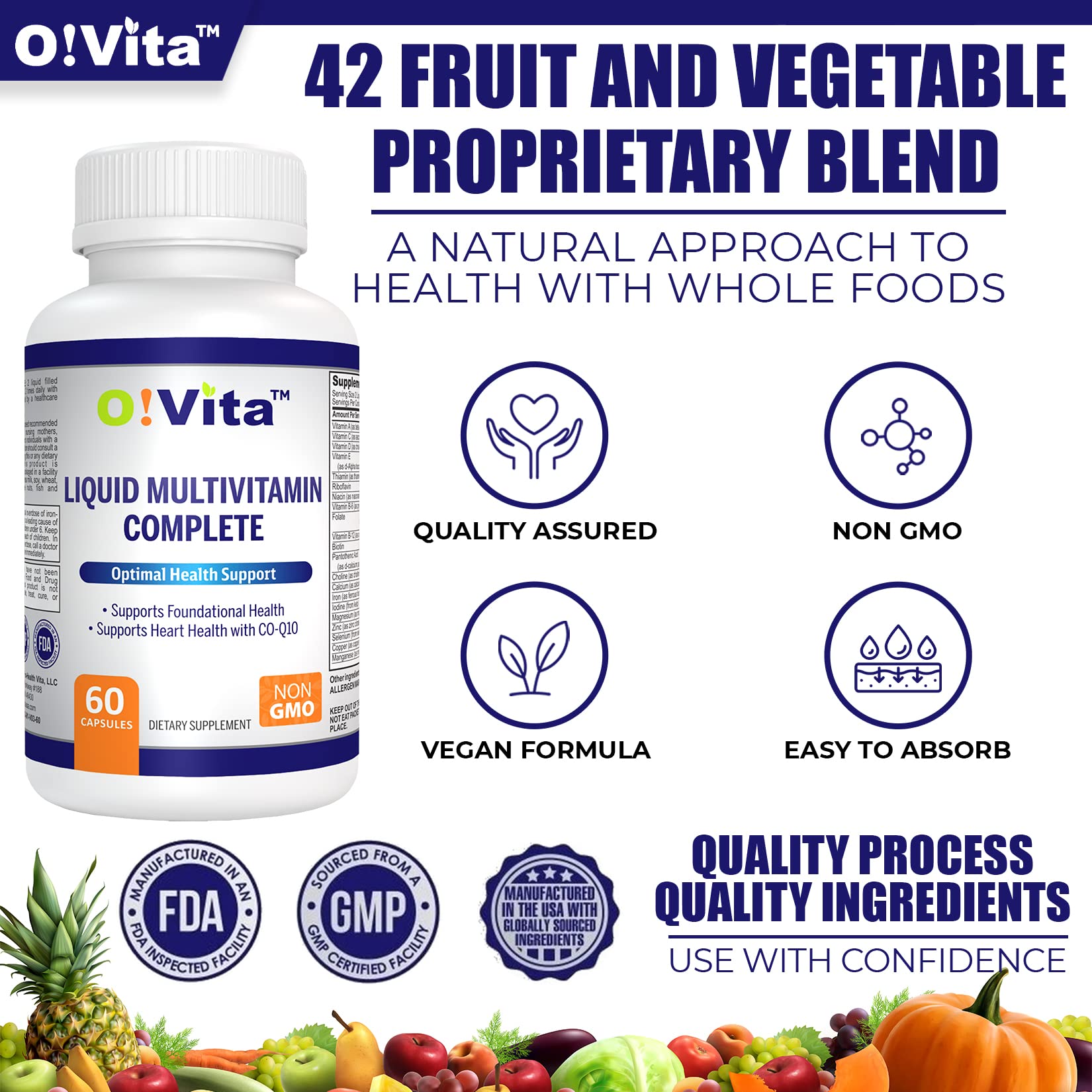 O!VITA Liquid Multivitamin Complete, with a Full Spectrum of Vitamins and Minerals, Plus 42 Fruits and Vegetable Proprietary Blend, Easy Absorption (60 Vegan Liquid Filled Capsules) O!VITA uk supplements