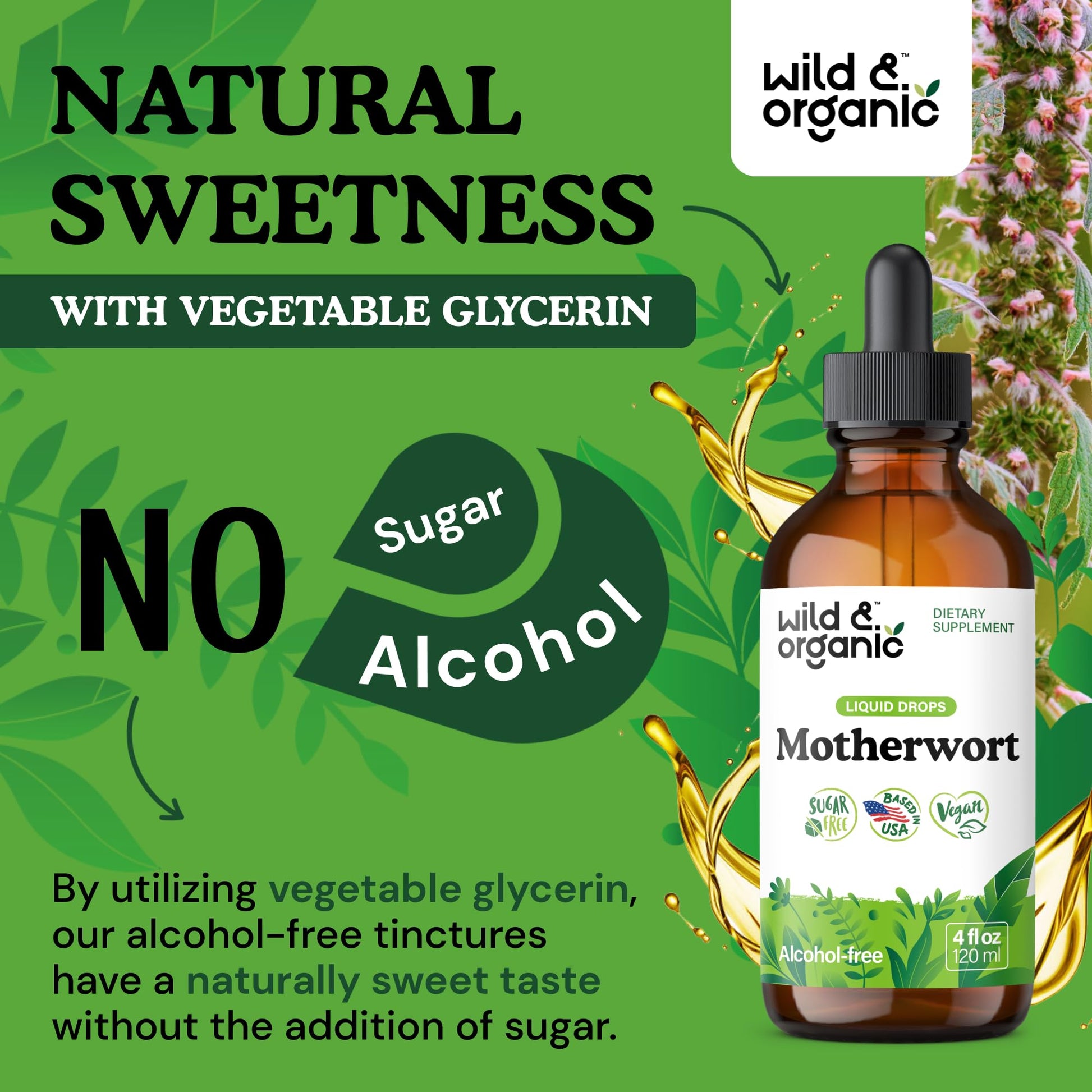 Wild & Organic Motherwort Tincture - Good Mood, Calmness, Overall Support - Supplements for Women with Motherwort Herb - Vegan, Sugar & Alcohol-Free Extract Drops - 4 fl oz Wild & Organic uk supplements