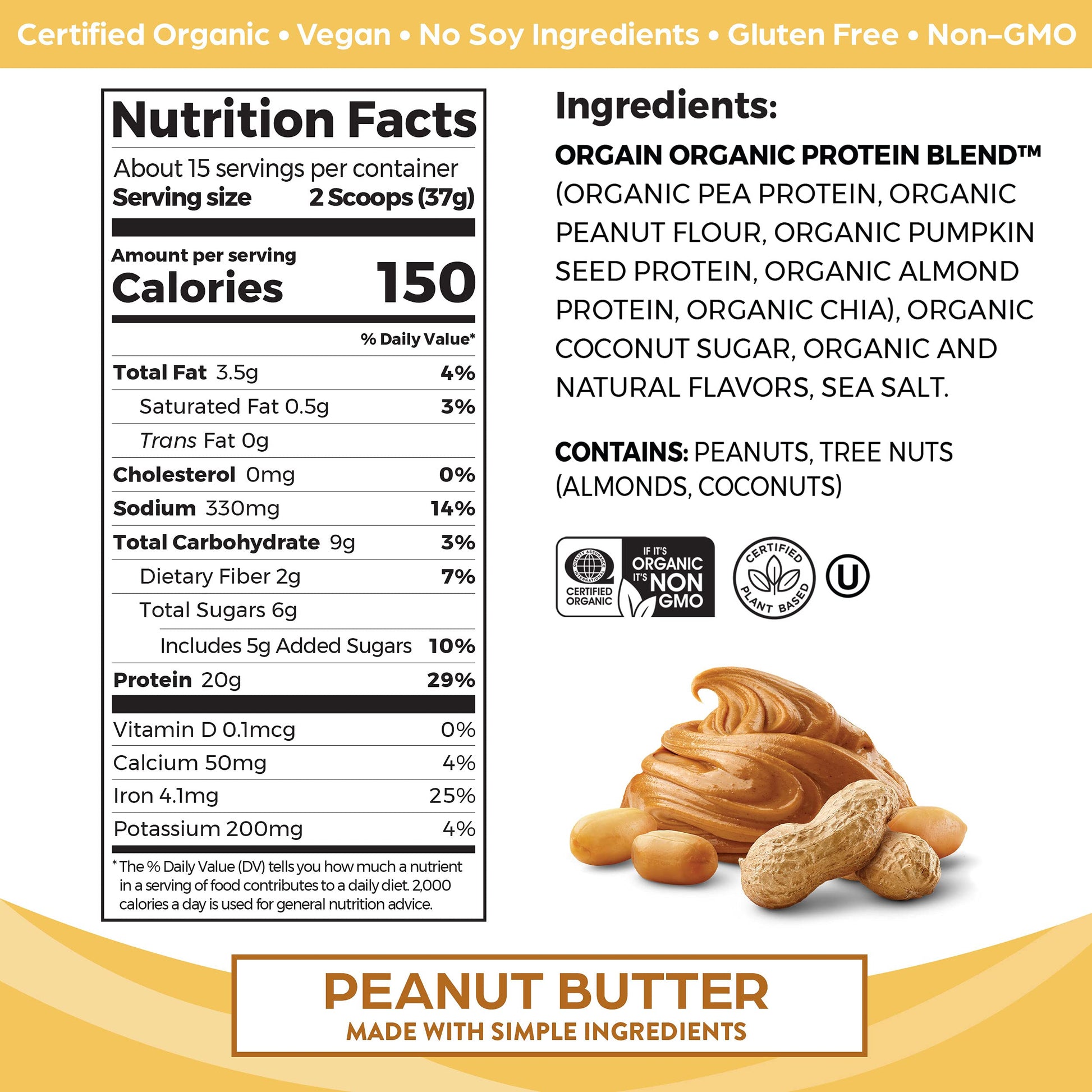 Orgain Organic Simple Vegan Protein Powder, Peanut Butter - 20g Plant Based Protein Orgain uk supplements