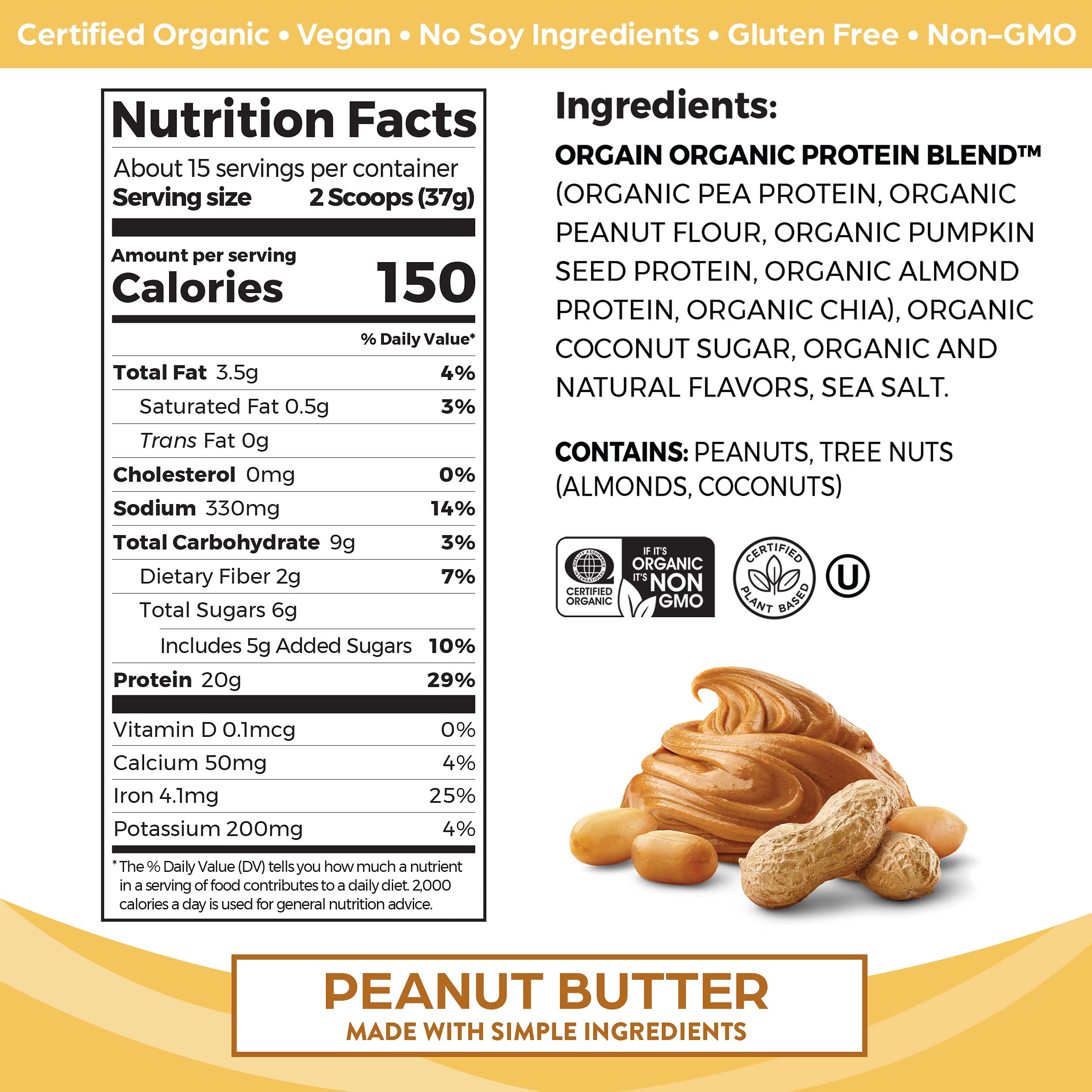 Orgain Organic Simple Vegan Protein Powder, Peanut Butter - 20g Plant Based Protein Orgain uk supplements