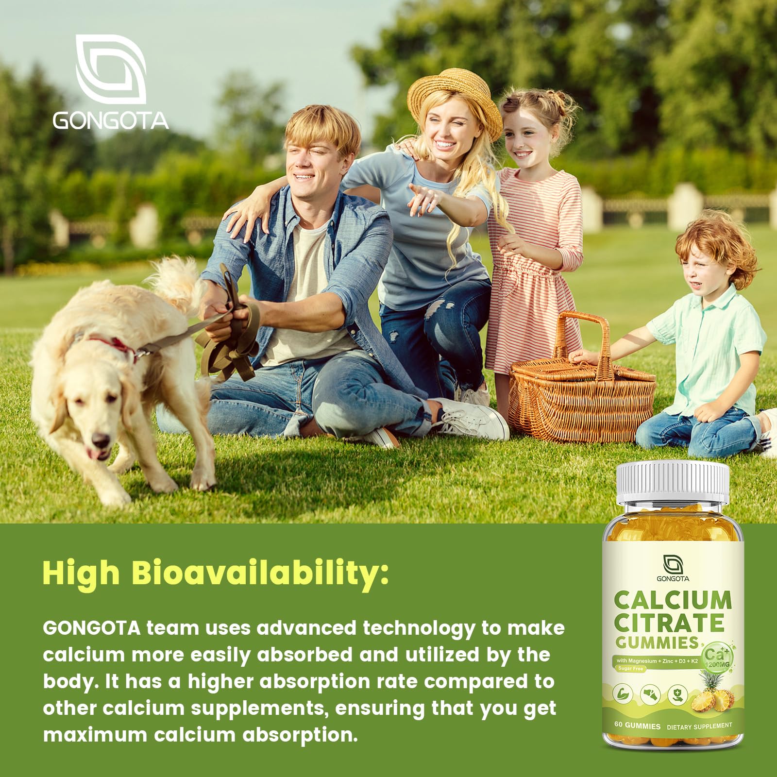 Calcium Citrate Gummies for Women, 1200mg Calcium Citrate Magnesium with Vitamin C D3 K2, Absorption Calcium Supplements for Bone, Muscle, Immune, Sugar Free (120Count) GONGOTA uk supplements