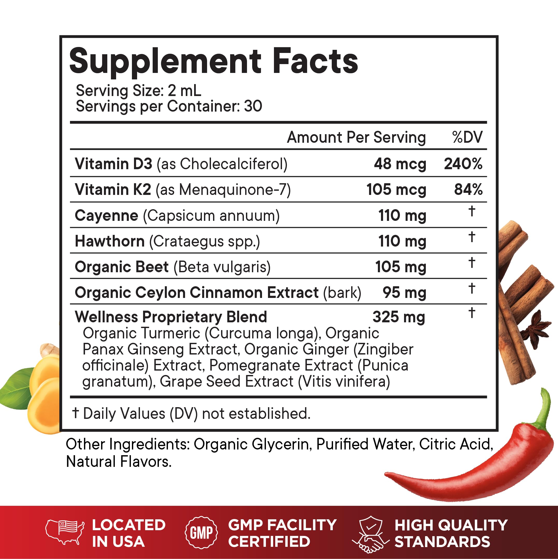 Cayenne Pepper Supplement Liquid Drops + Hawthorn Berry, Vitamin D3 K2 Beet Root Powder, Ceylon Cinnamon, Turmeric Curcumin, Organic Panax Ginseng - 4 OZ Superfood MD uk supplements