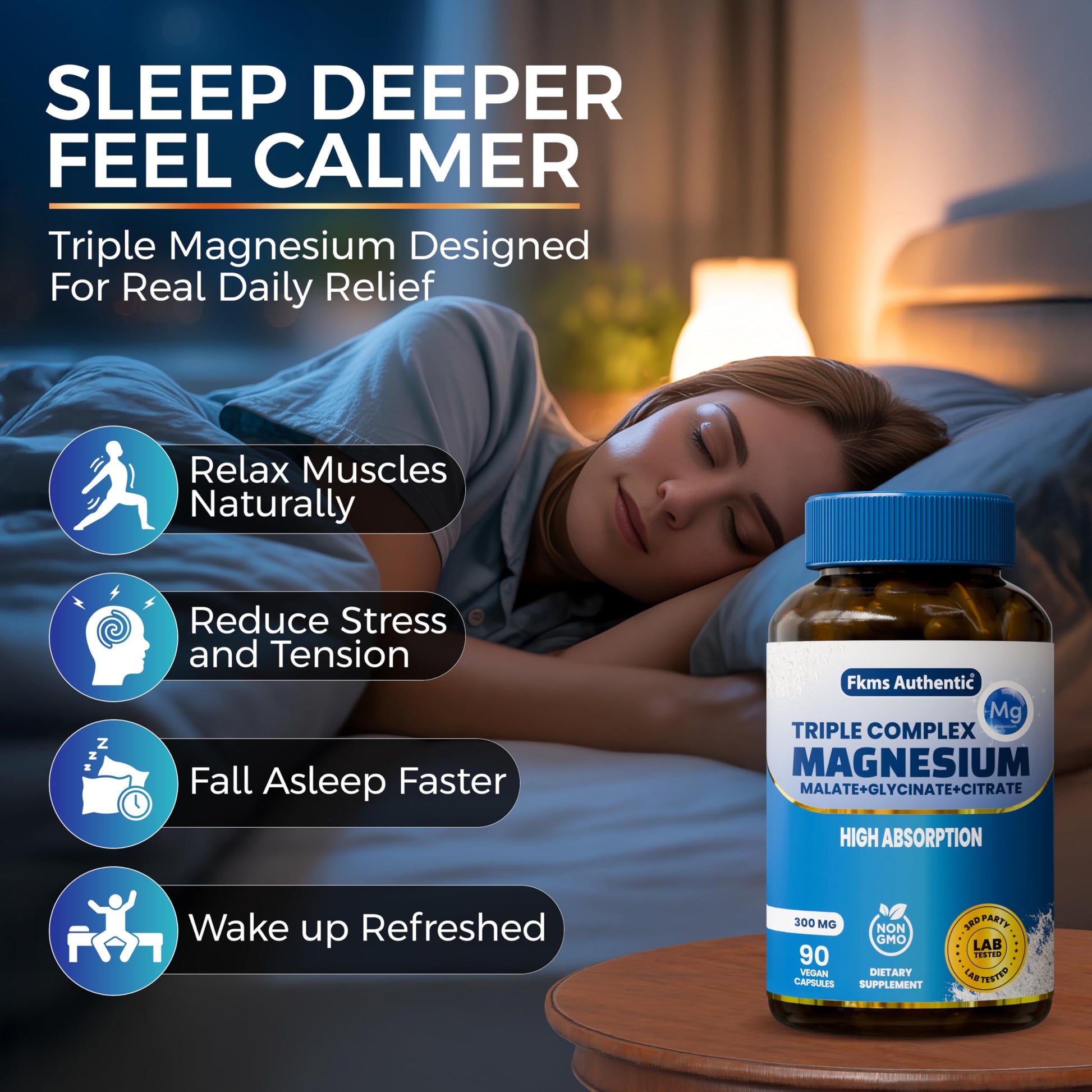 FKMS Authentic Triple Magnesium Complex | 300mg Magnesium Glycinate, Malate & Citrate for Sleep, Stress & Muscle Support | Non-GMO, Vegan, Gentle on Stomach | High Absorption | 90 Capsules FKMS AUTHENTIC uk supplements