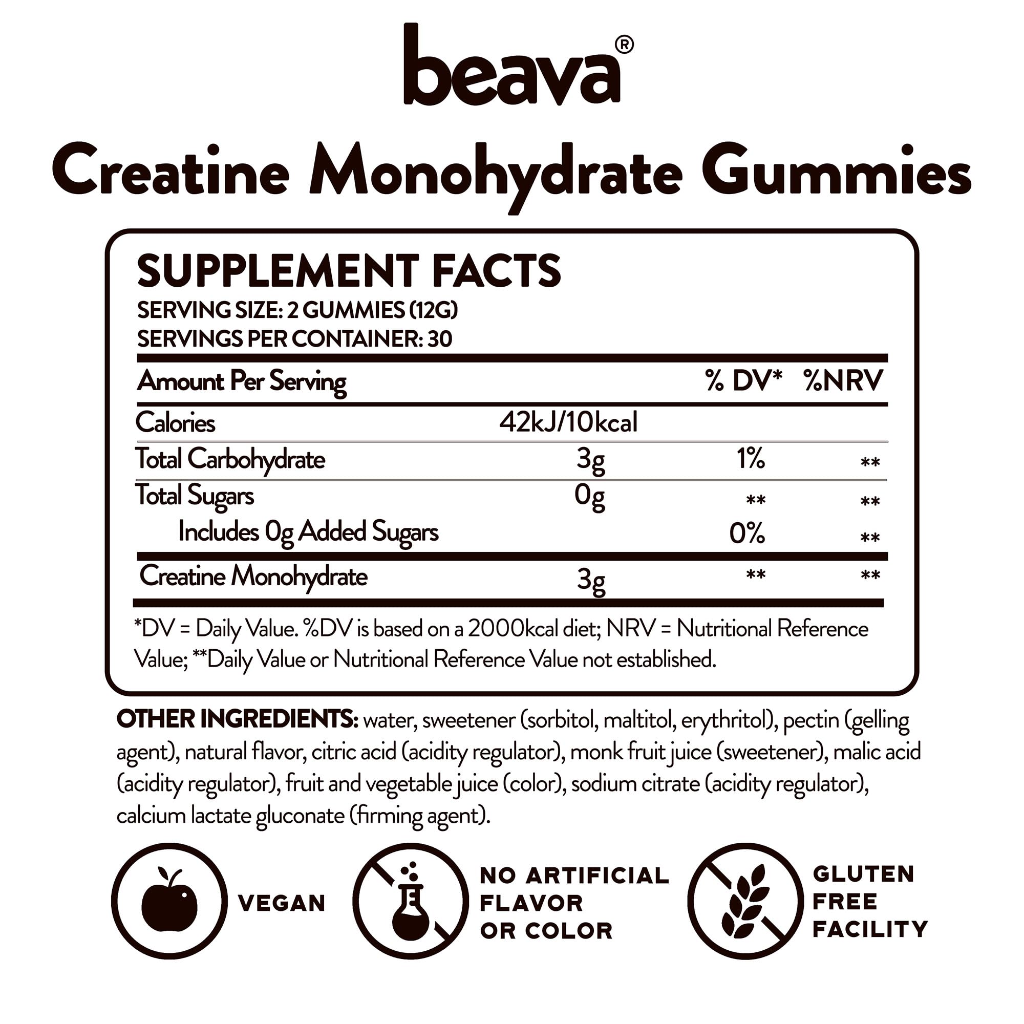 Creatine Monohydrate Gummies - 30 Servings - Vegan Creatine Chews for Muscle Growth, Muscle Recovery, Workout Recovery, Anaerobic Endurance - No Loading Phase - No Bloating - Strawberry - No Sugar beava uk supplements