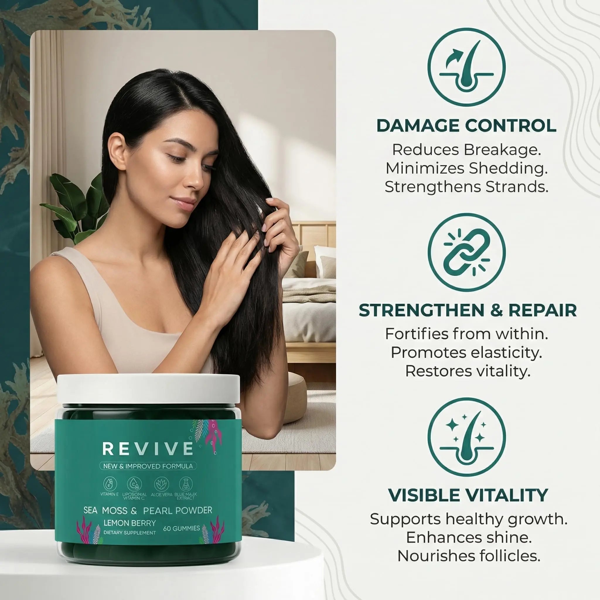 Balmbare Revive Gummies for Hair Loss - Sea Moss Gummies with Vitamin C, Vitamin E, Aloe Vera, Pearl Powder Supports Faster Hair Growth Rulinal uk supplements