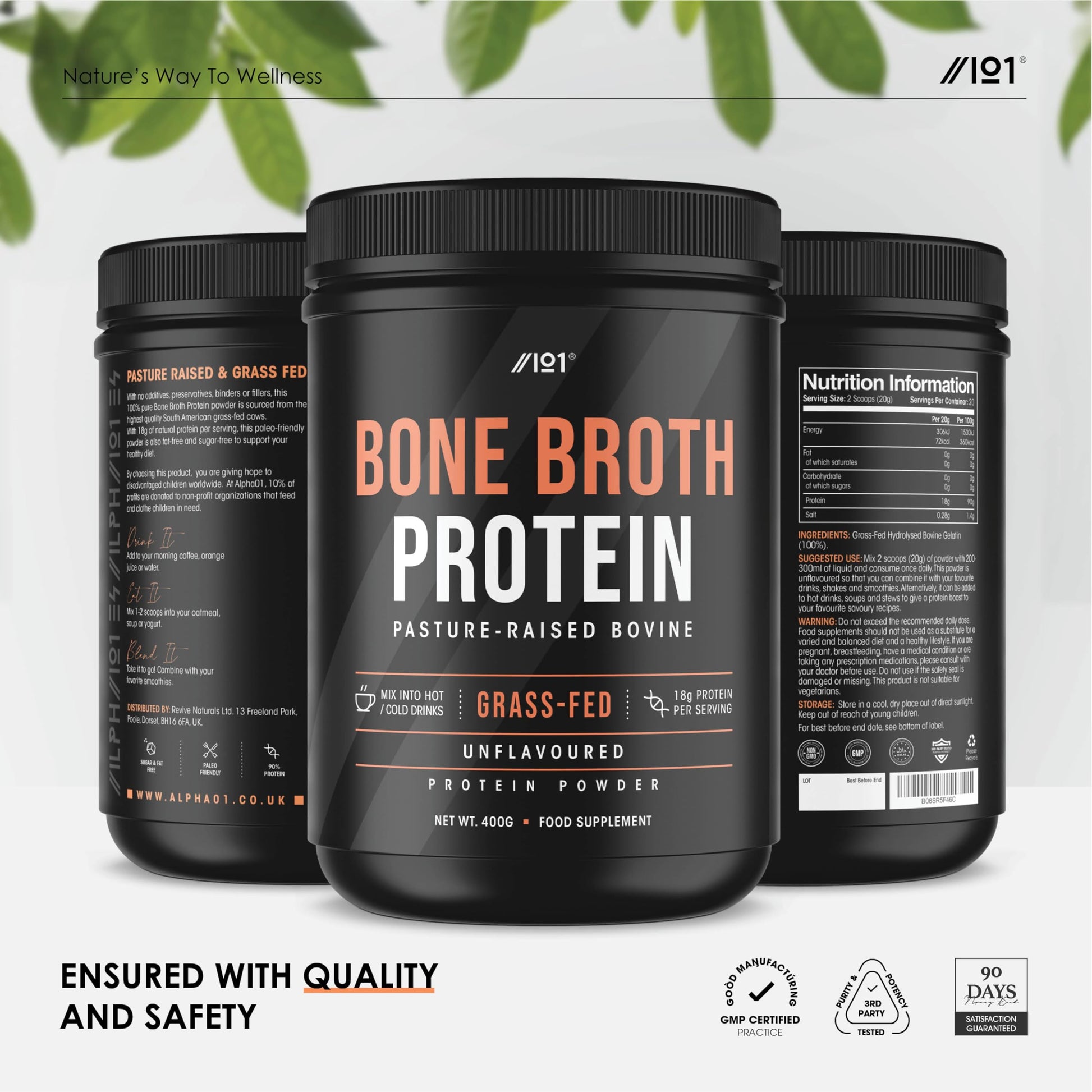Bone Broth Beef Protein Powder - 400g - Unflavoured - 100% Grass-Fed & Pasture Raised Beef ALPHA01 uk supplements