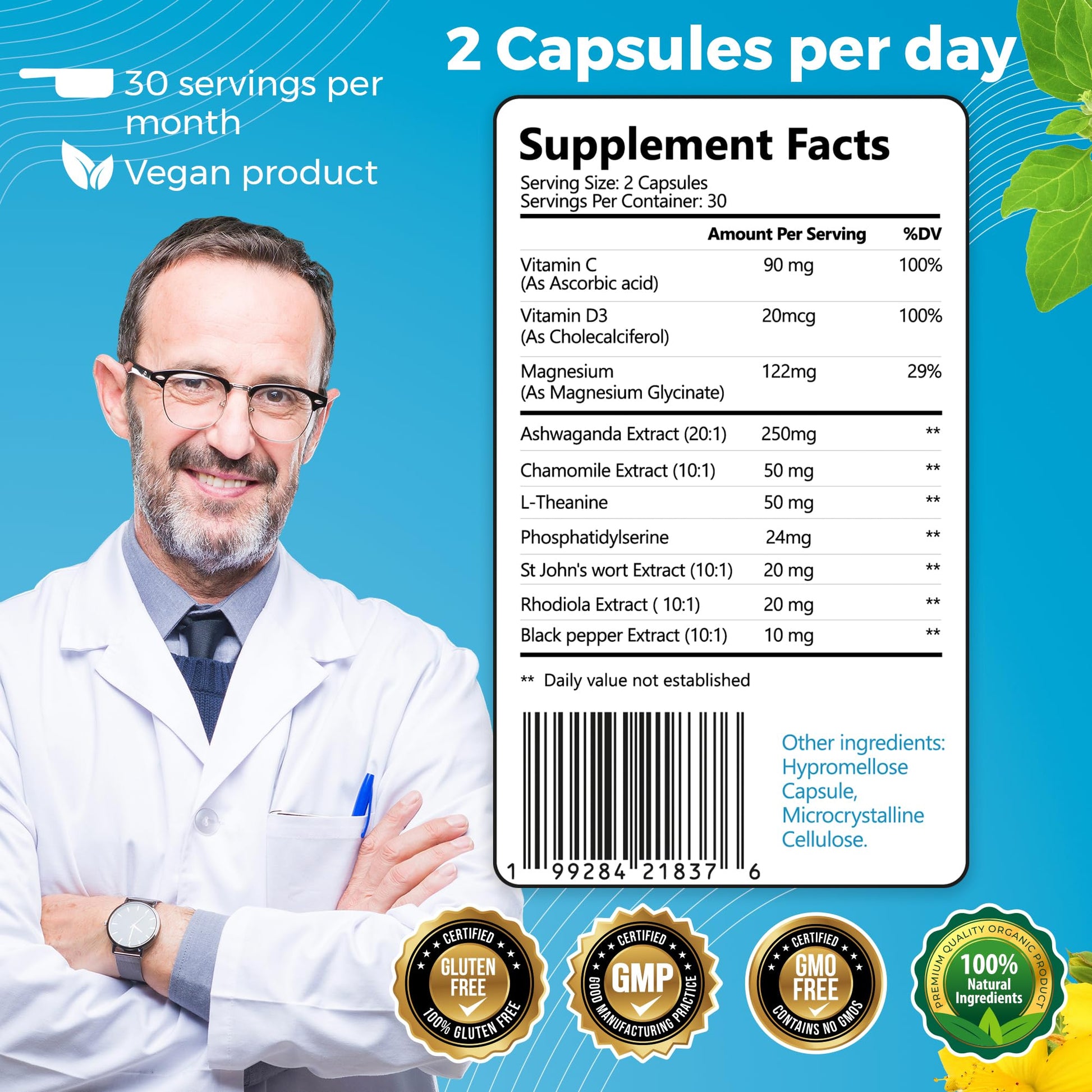 10-in-1 Cortisol Supplements with Magnesium, Ashwagandha, Chamomile, L-Theanine, St. John's Wort, Rhodiola, 60 Capsules, Cortisol Supplements For Women -& Men, Cortisol Reducer, High cortisol Welldiet uk supplements