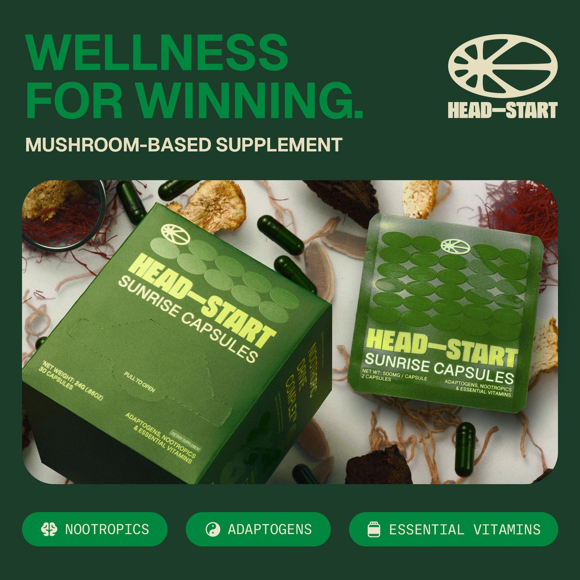 HEAD-START Sunrise Capsules | Nootropic Brain Supplement with Lion’s Mane, L-Theanine & Saffron | Adaptogen Blend for Focus, Energy, Clarity & Daily Performance HEAD-START uk supplements