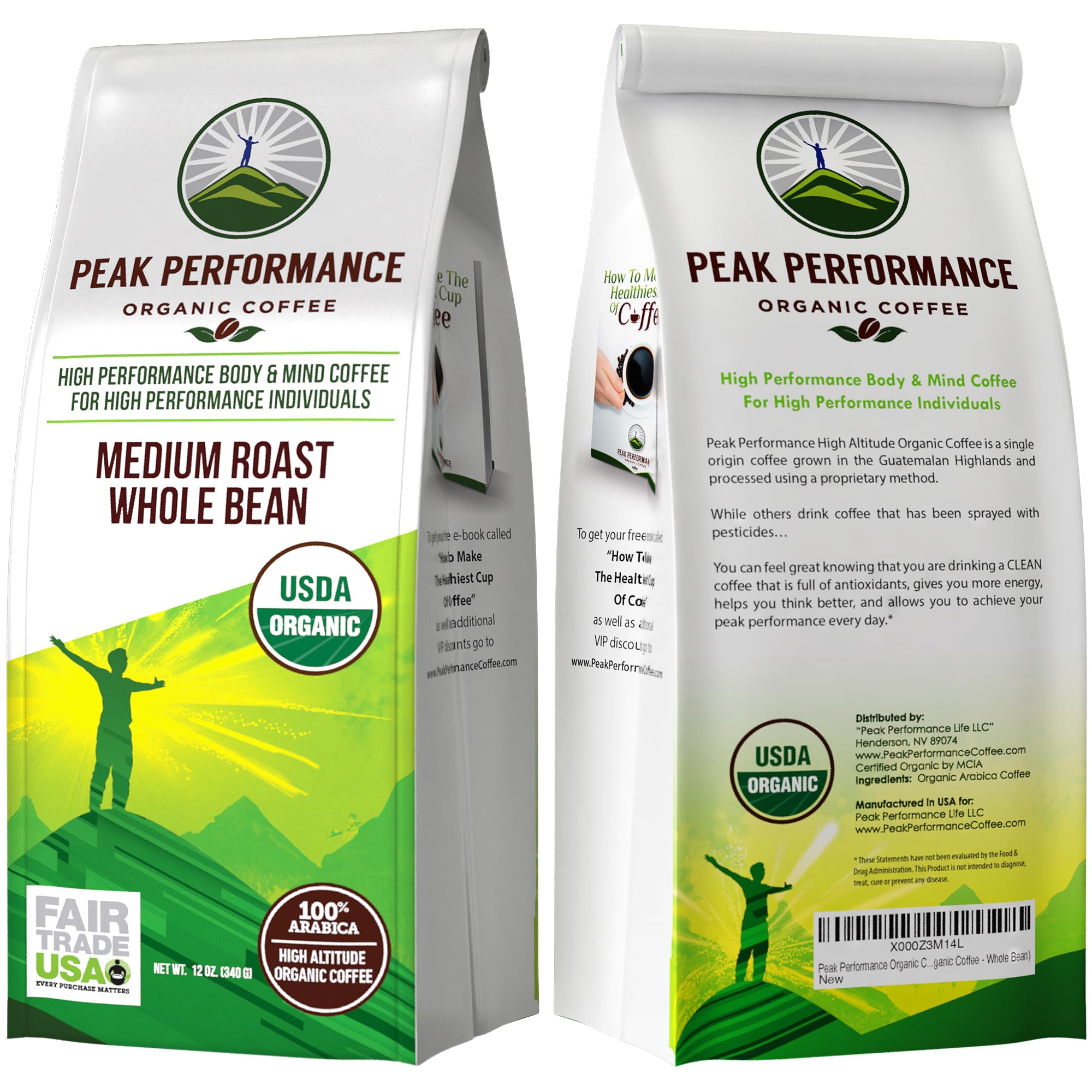 Peak Performance High Altitude Organic Coffee - Fair Trade, Low Acid, Non GMO, and Beans Full of Antioxidants - Medium Roast Smooth Tasting USDA Certified Organic Whole Bean Coffee Bag 12 oz Peak Performance uk supplements