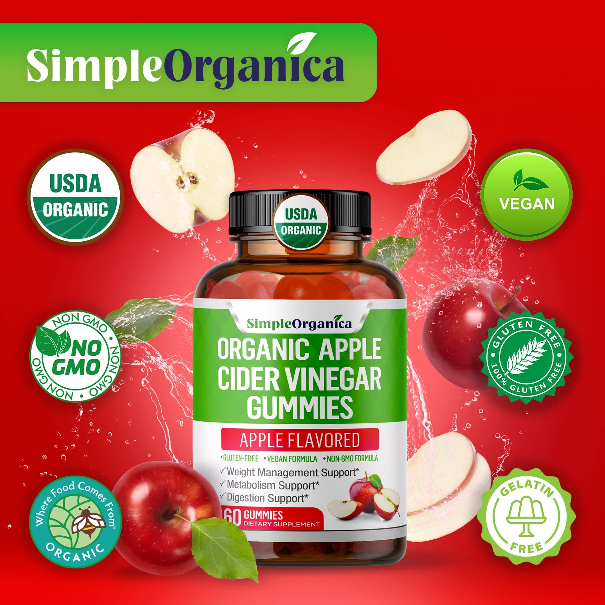 USDA Organic Apple Cider Vinegar Gummies with The Mother. AVC Keto Gummy Vitamins Simple Organica uk supplements