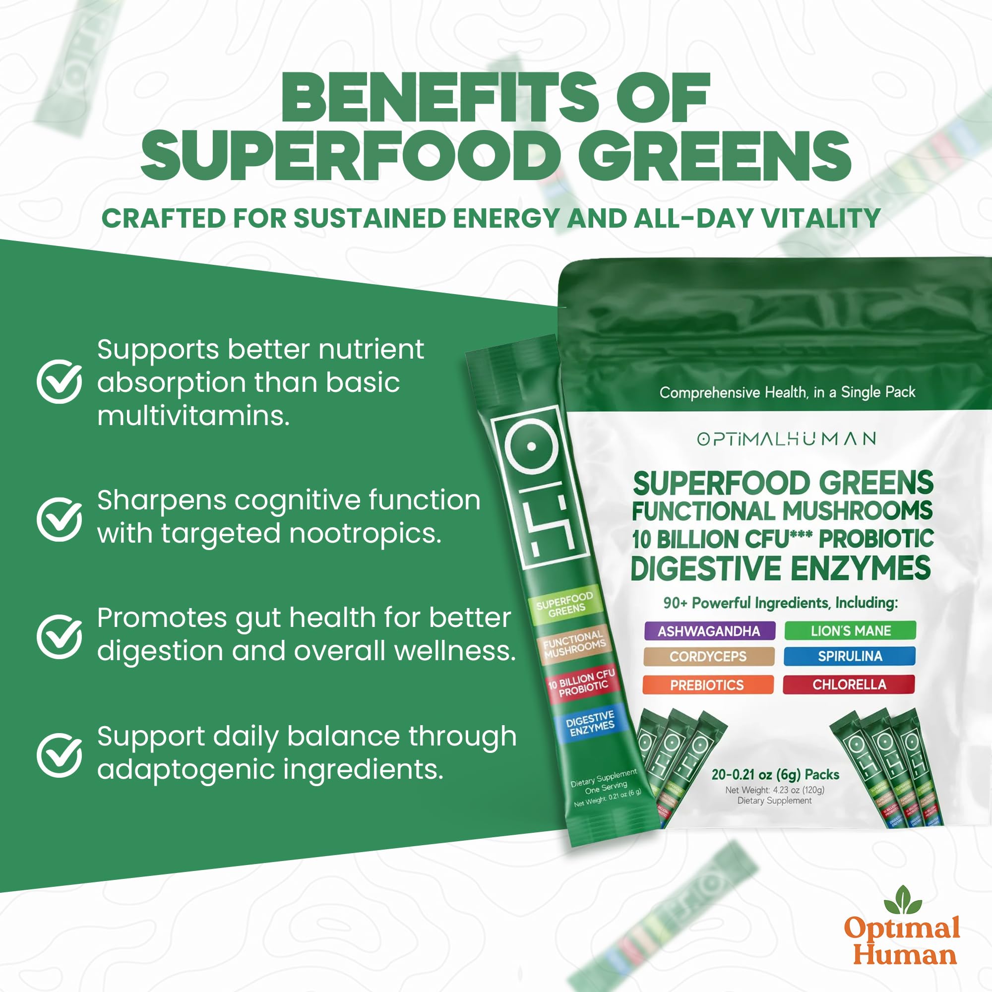 Optimal Human Superfood Greens Powder – 90+ Ingredient Blend with Lion’s Mane Supplement, Ashwagandha & Turmeric – Non-GMO, Soy-Free, Mushroom Supplements for Women – 20 Sachets O H uk supplements
