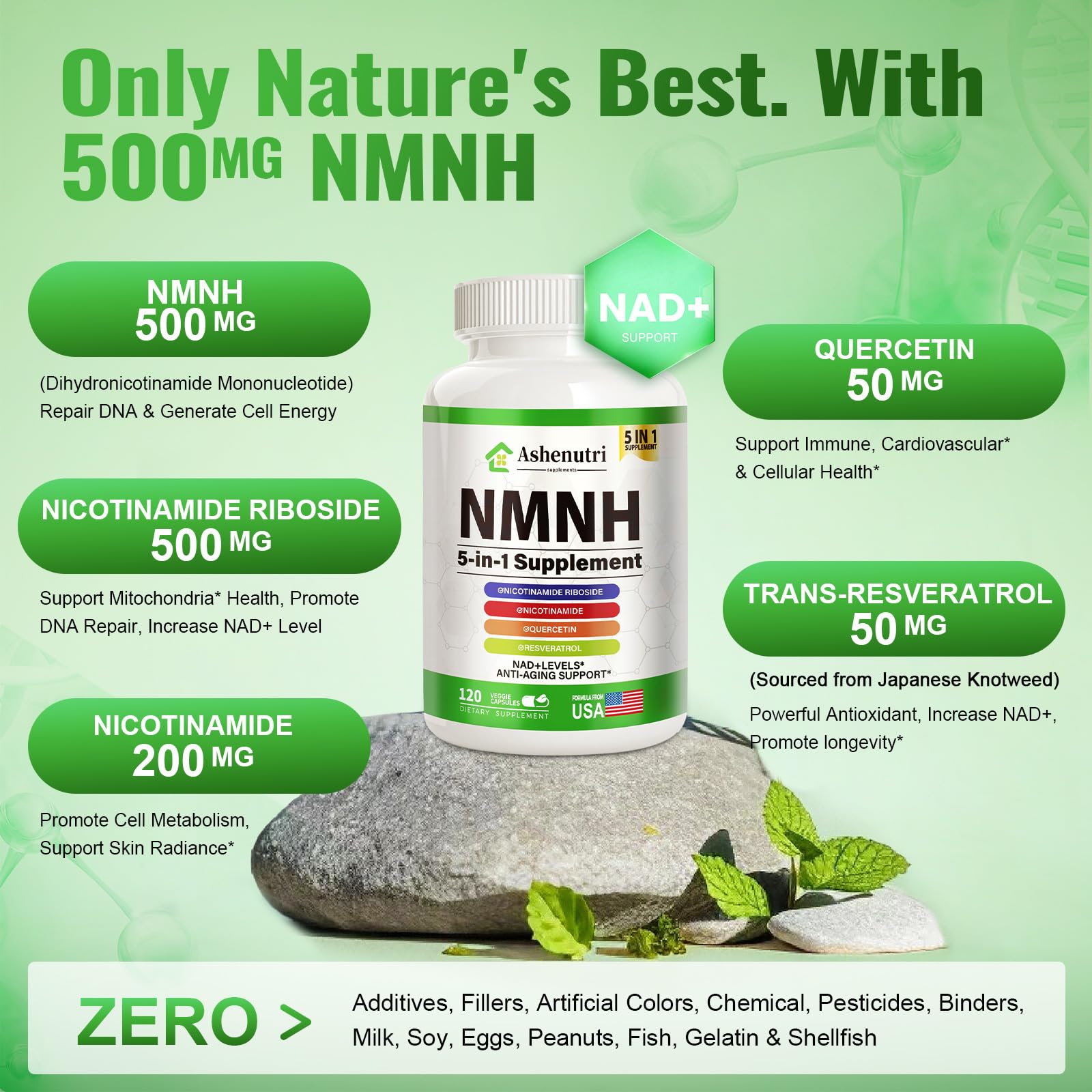 NMNH (Dihydronicotinamide Mononucleotide), NMN Alternative Supplement w/Niacinamide (Vitamin B3), Quercetin, Trans-Resveratrol, Support NAD+, Skin Cell Health*, Anti-Aging & Energy, 120 Caps Ashenutri uk supplements