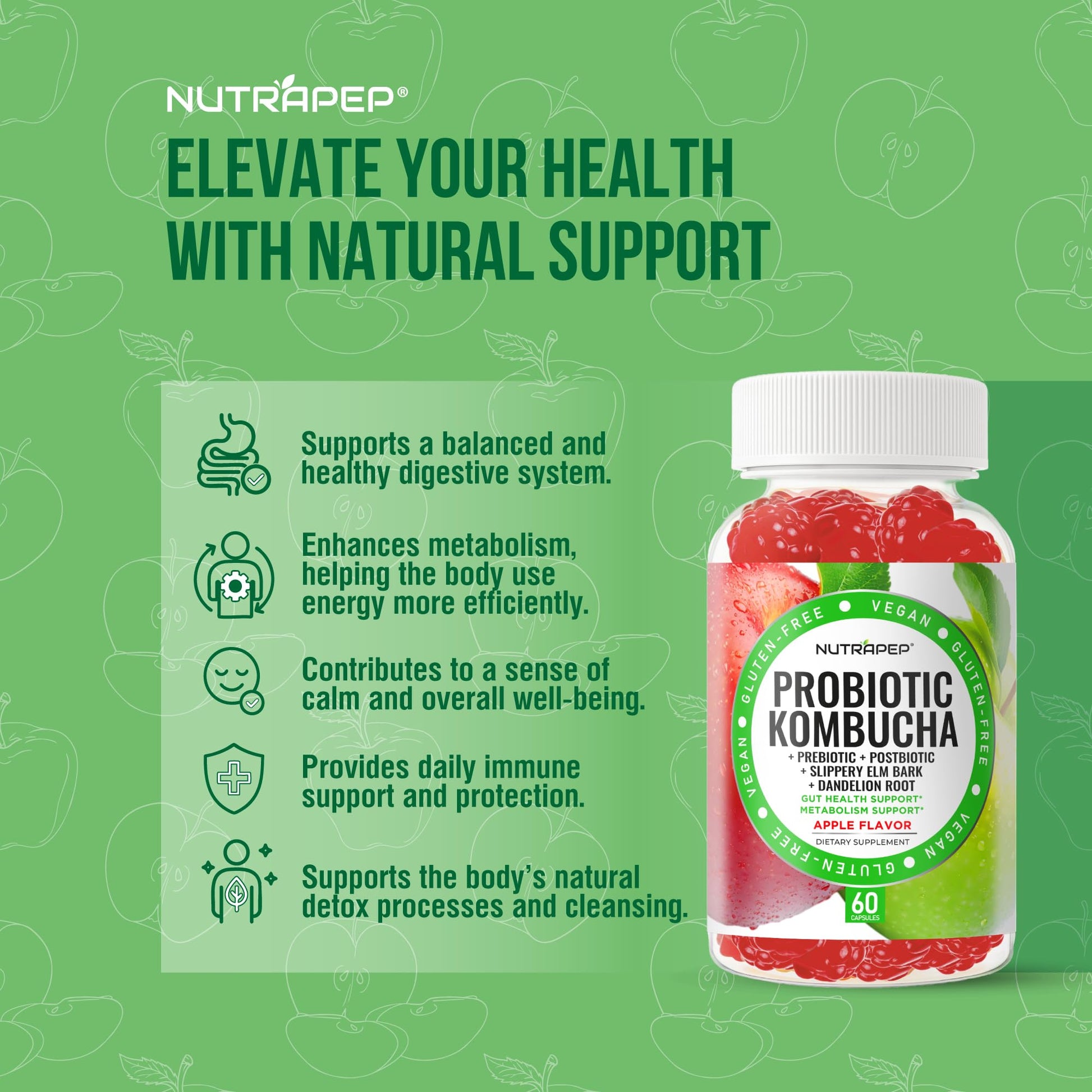 NutraPep Probiotic Kombucha Gummies - Women Men Probiotic Prebiotic Probiotic Blend for Gut Health Bloating Metabolism Support with Slippery Elm Bark Dandelion Root - Vegan Gluten Free Apple Flavor NutraPep uk supplements