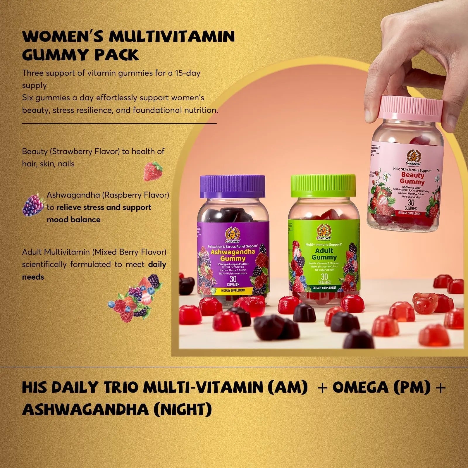 Women's Multivitamin Gummy Pack, 3 Support for Hair Skin Nails Sleep Daily Health, Vitamins A, D, C, E, Biotin, Ashwagandha SUNGIVEN uk supplements