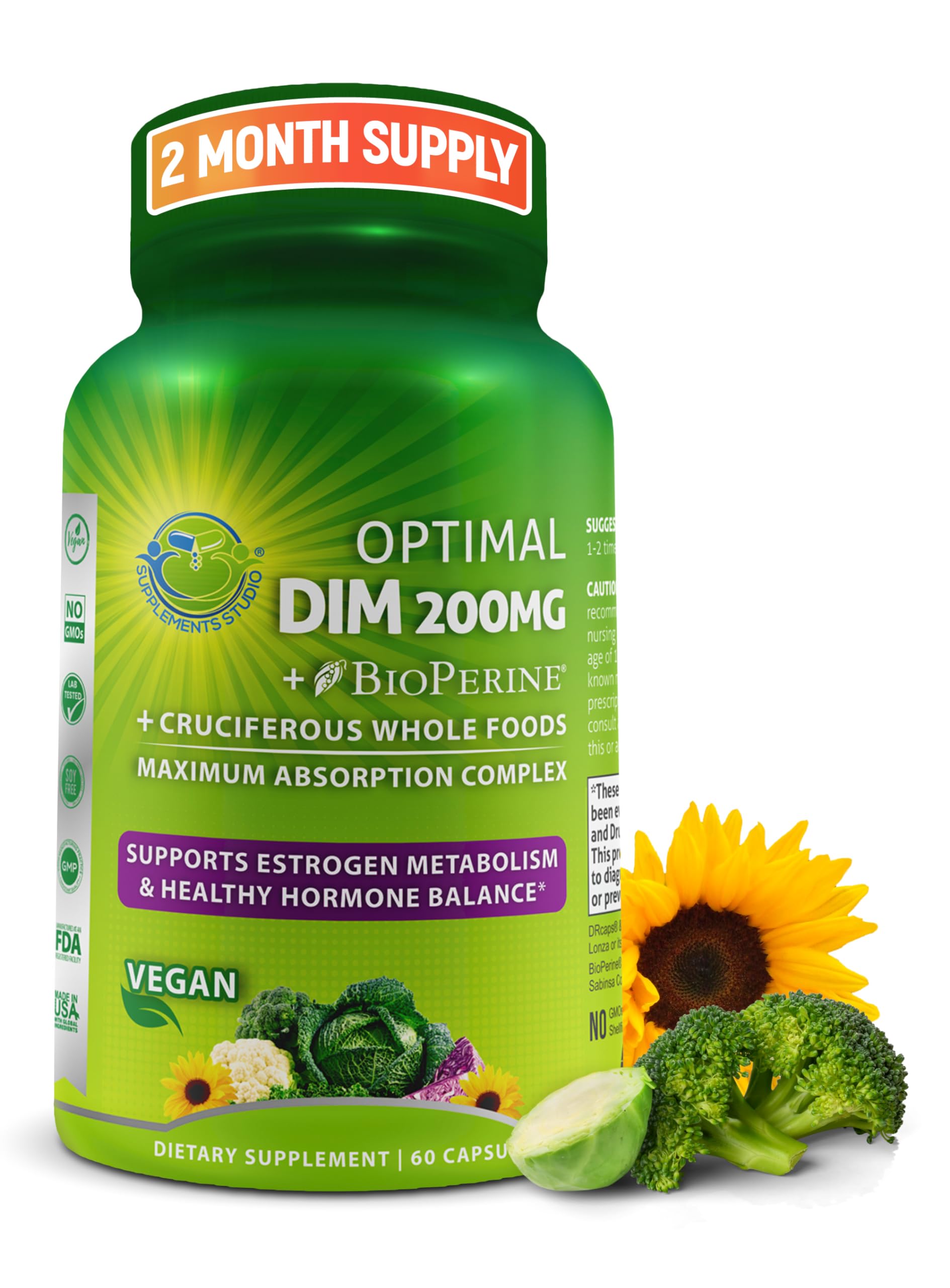 Optimal DIM 200mg Supplement for Women and Men - Made with Organic Whole Foods - Estrogen & Hormone Balance Support Diindolylmethane Complex - Maximum Absorption Delayed-Release Capsules - 60 Count SUPPLEMENTS STUDIO uk supplements
