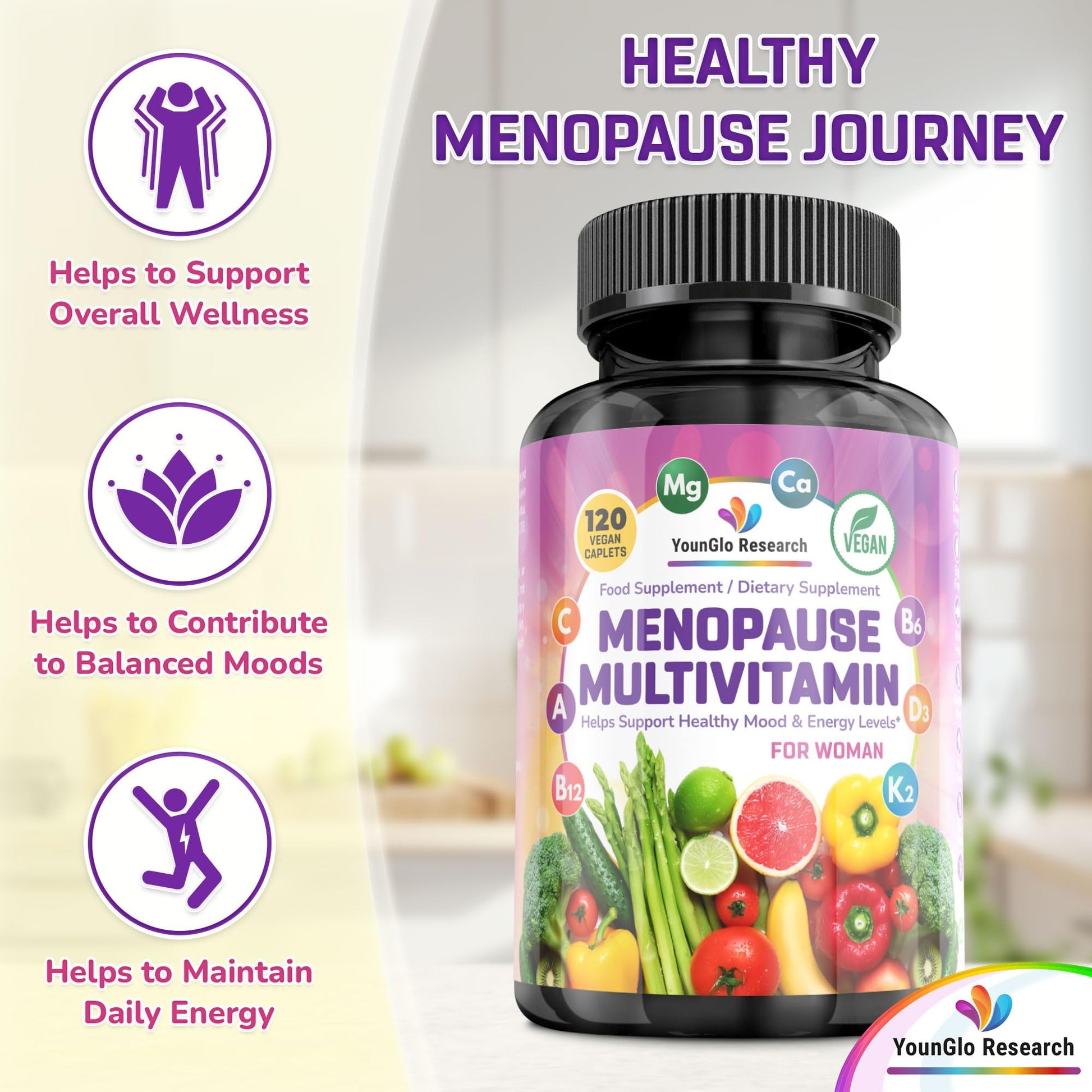 YounGlo Research Menopause Supplement - 120 Vegan Caplets - Menopause & Perimenopause Relief Support - Food and Dietary Vitamins - Multivitamin for Women YounGlo Research uk supplements