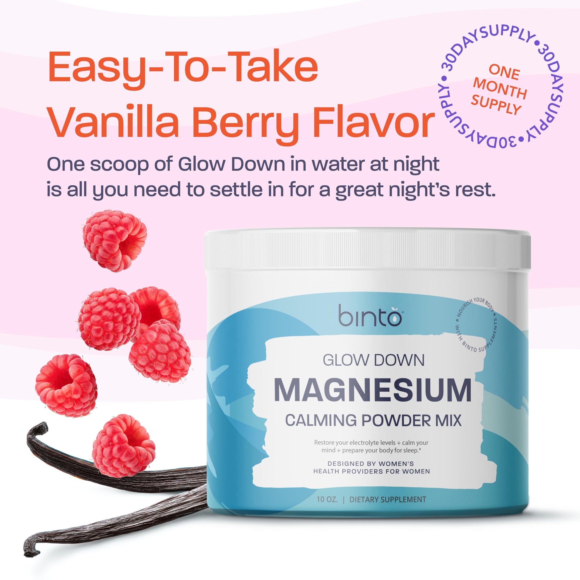 Binto Glow Down - Sleep Better & De-Stress with Our Berry Vanilla Magnesium Drink Mix, Made in USA, Sugar-Free, Preservative-Free, Gluten-Free Drink Mix (60 Day Supply) Binto uk supplements