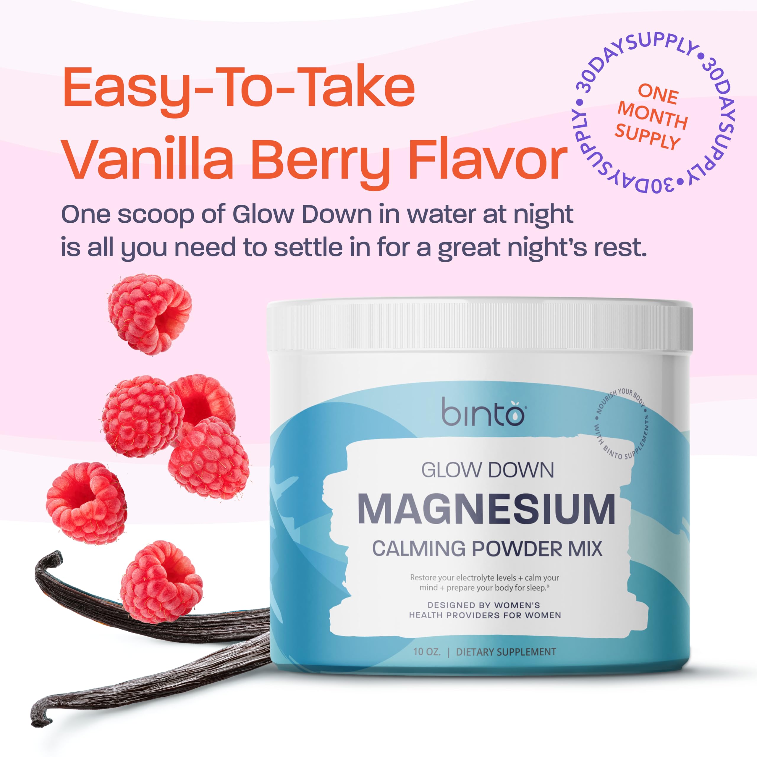 Binto Glow Down - Sleep Better & De-Stress with Our Berry Vanilla Magnesium Drink Mix, Made in USA, Sugar-Free, Preservative-Free, Gluten-Free Drink Mix (60 Day Supply) Binto uk supplements