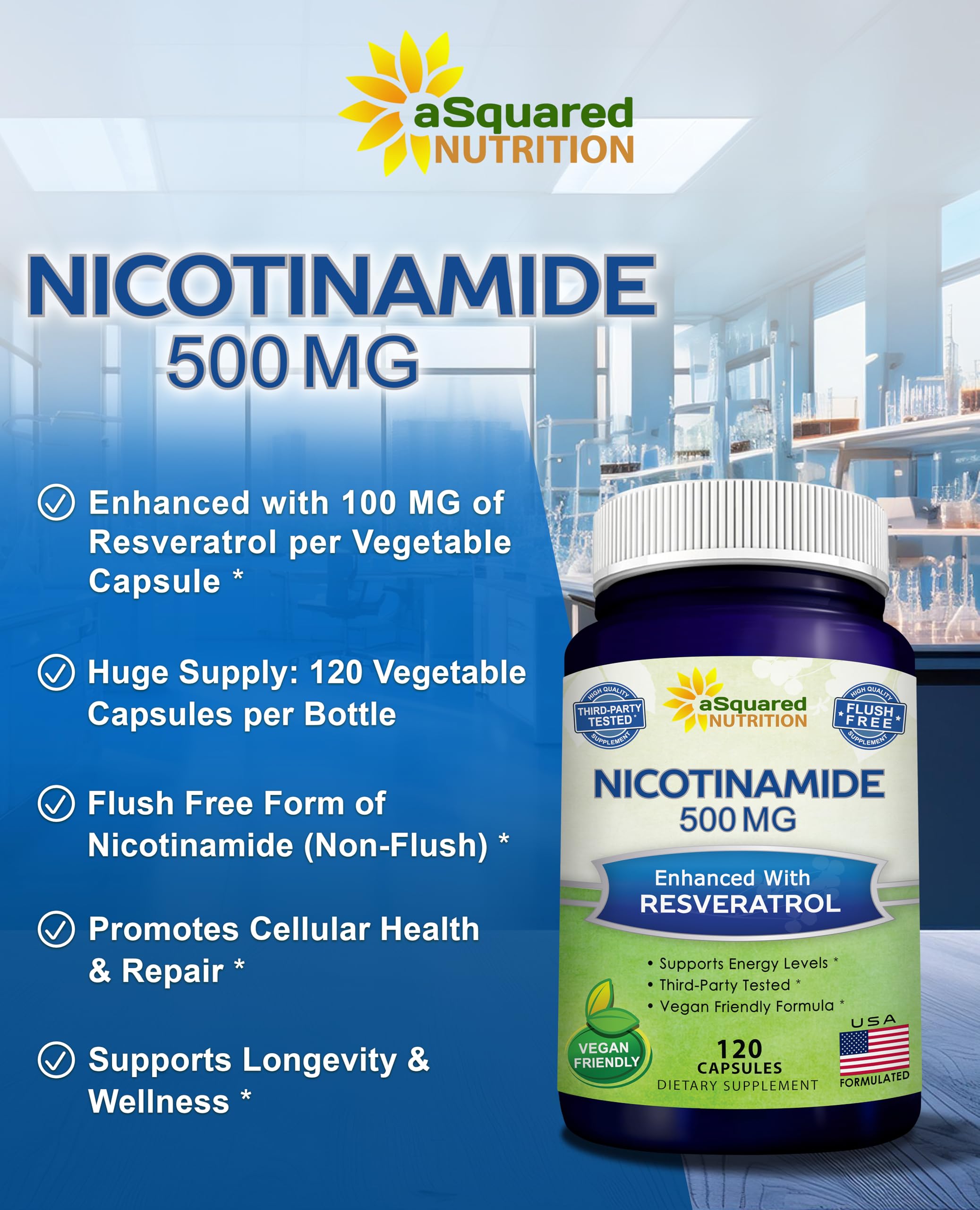 aSquared Nutrition Nicotinamide with Resveratrol - 120 Veggie Capsules - Vitamin B3 500mg (Niacinamide Flush Free) - Supplement Pills to Support NAD, Skin Cell Health & Energy aSquared Nutrition uk supplements