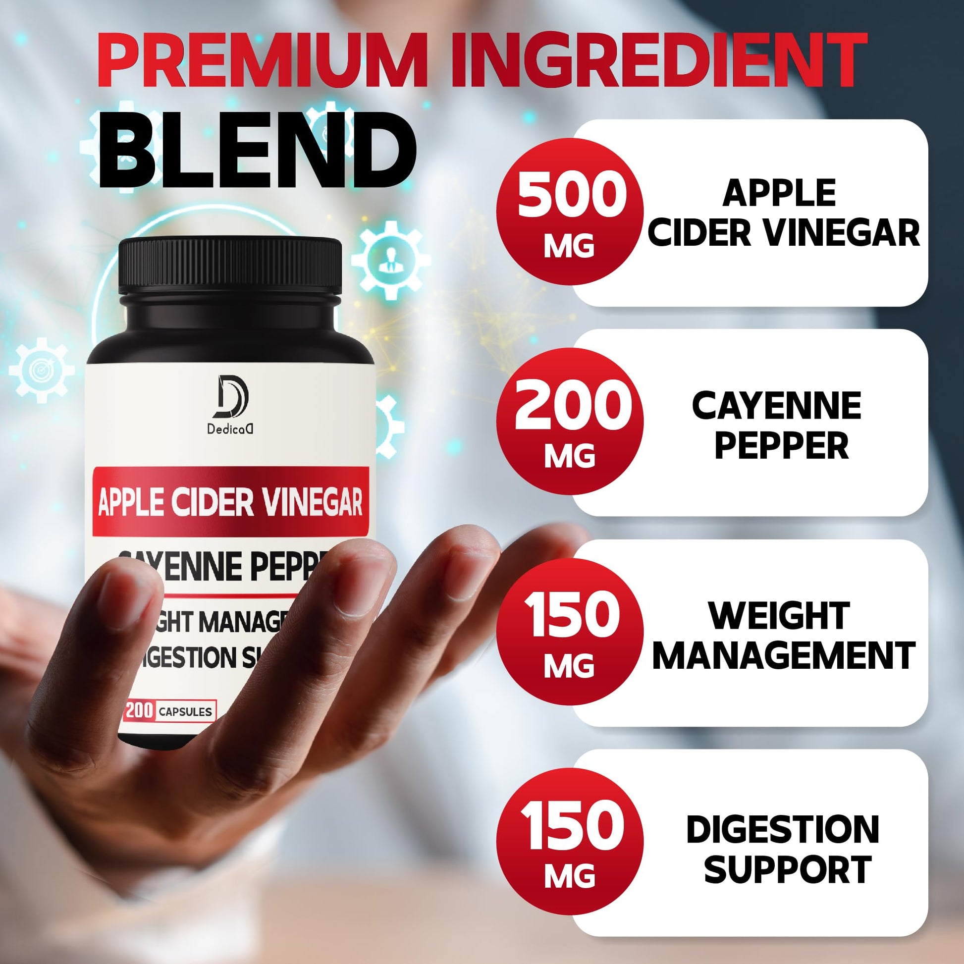 12in1 Apple Cider Vinegar Supplements - 200 Capsules with Cayenne Pepper, Grape Seed DEDICAD uk supplements