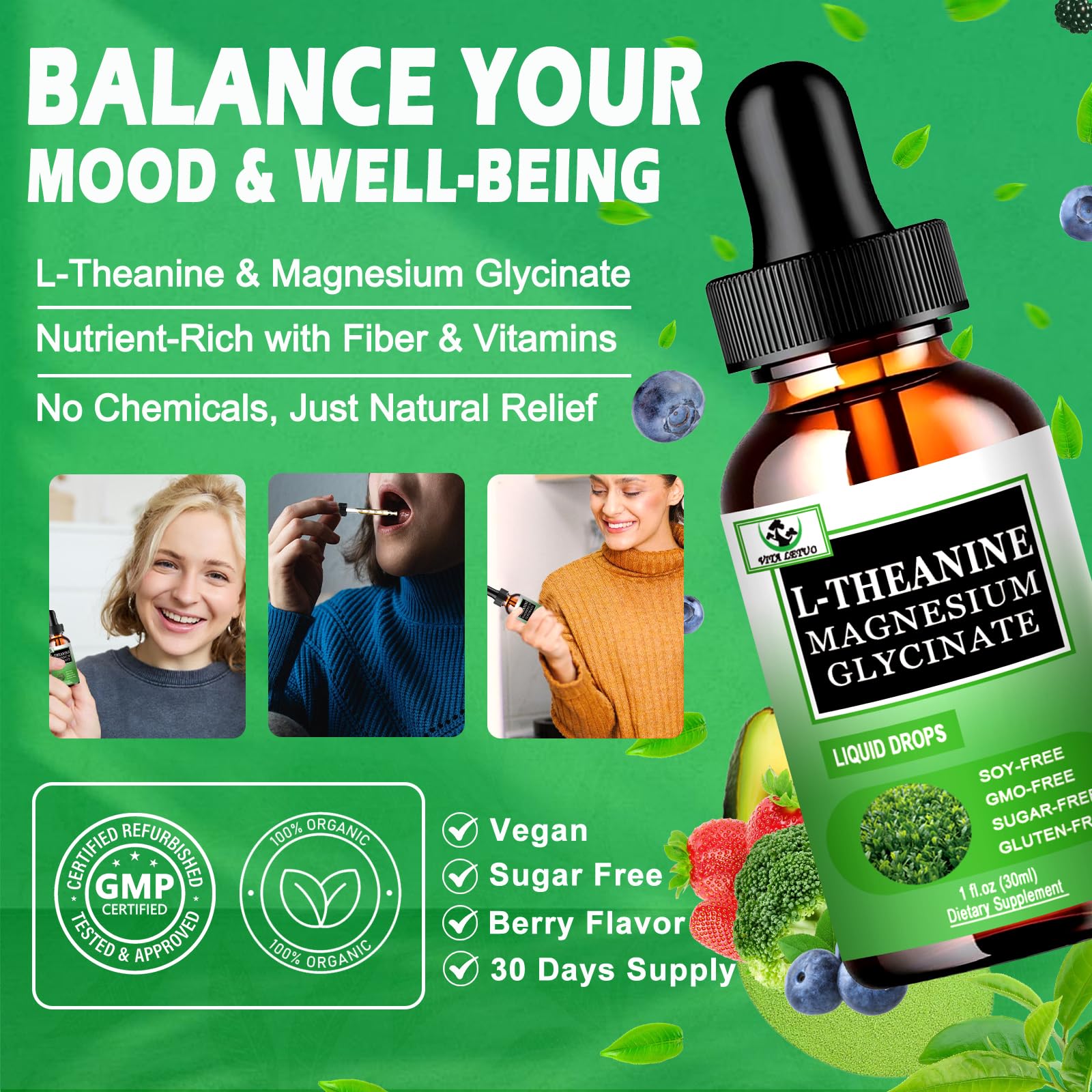 L Theanine Drops, Liquid L-Theanine Supplement 200mg w/Magnesium Glycinate,Vitamins,Fiber for Relaxation,Sleep,Digestion, Calm,High Absorption Mood Support for Adults & Kids,Plant Based,Non-GMO Vita letuo uk supplements